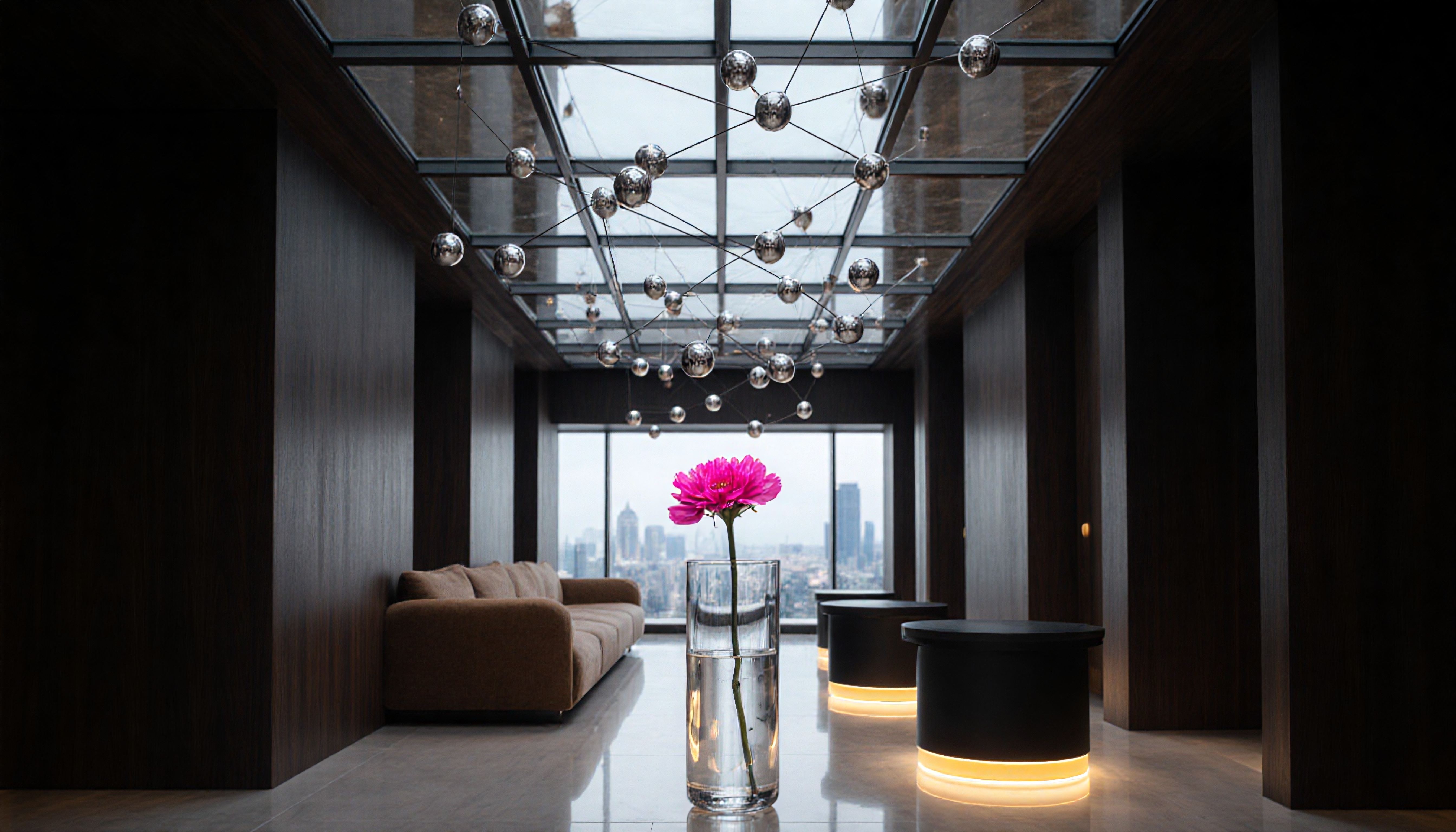 Modern interior with pink flower in glass vase and city view.