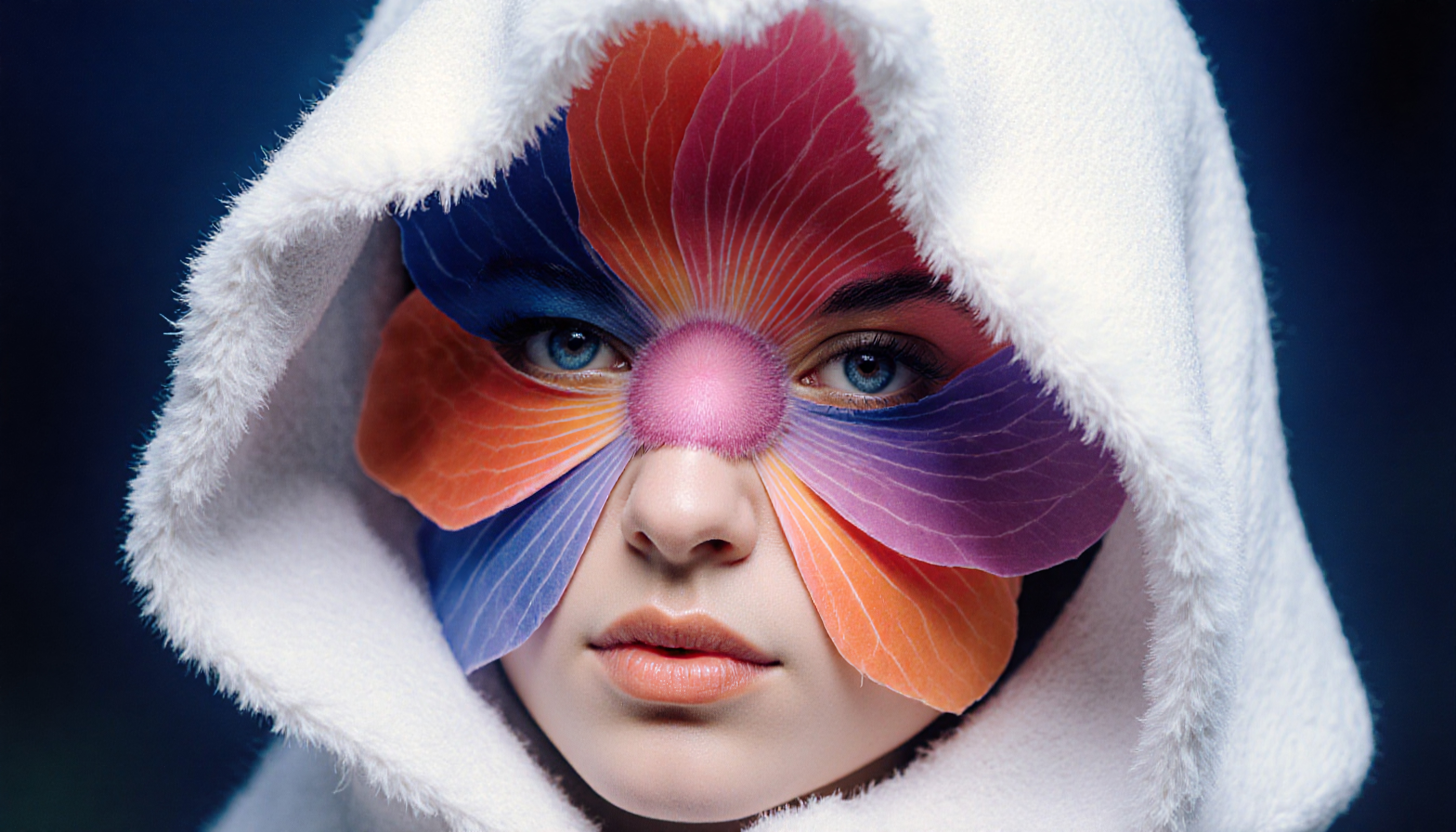 Artistic portrait with colorful floral mask.
