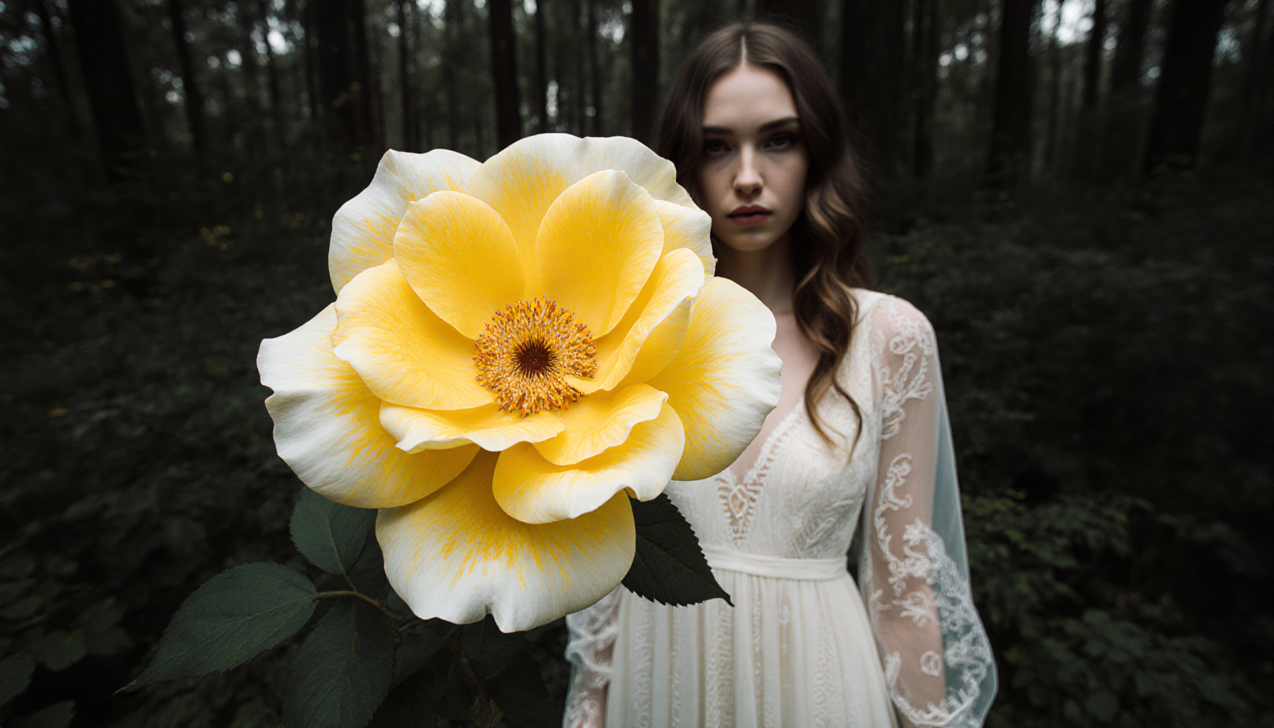 Elegant Woman with Large Yellow Rose in Forest Setting