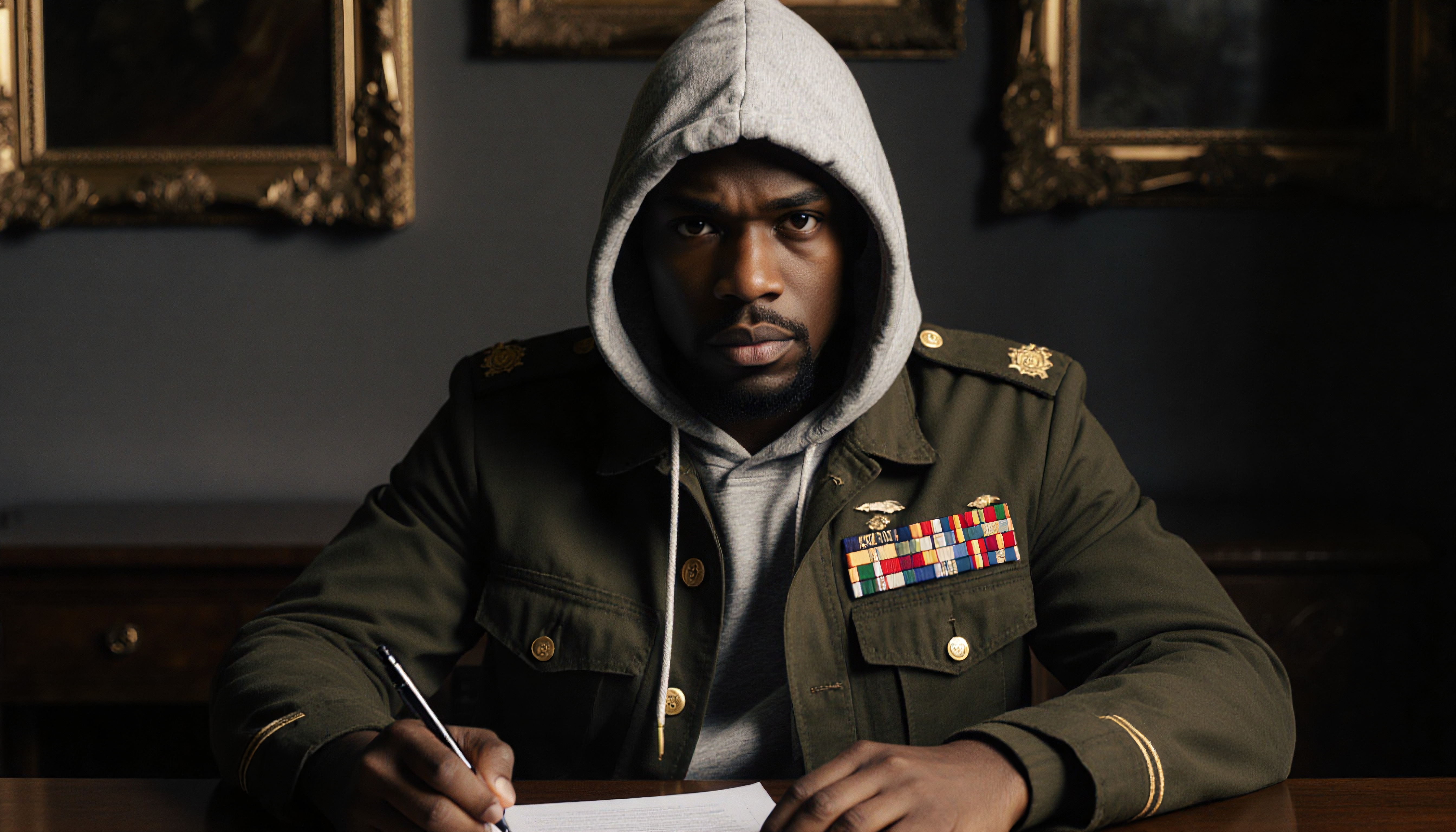 A man in military attire writes at a desk with a focused expression.