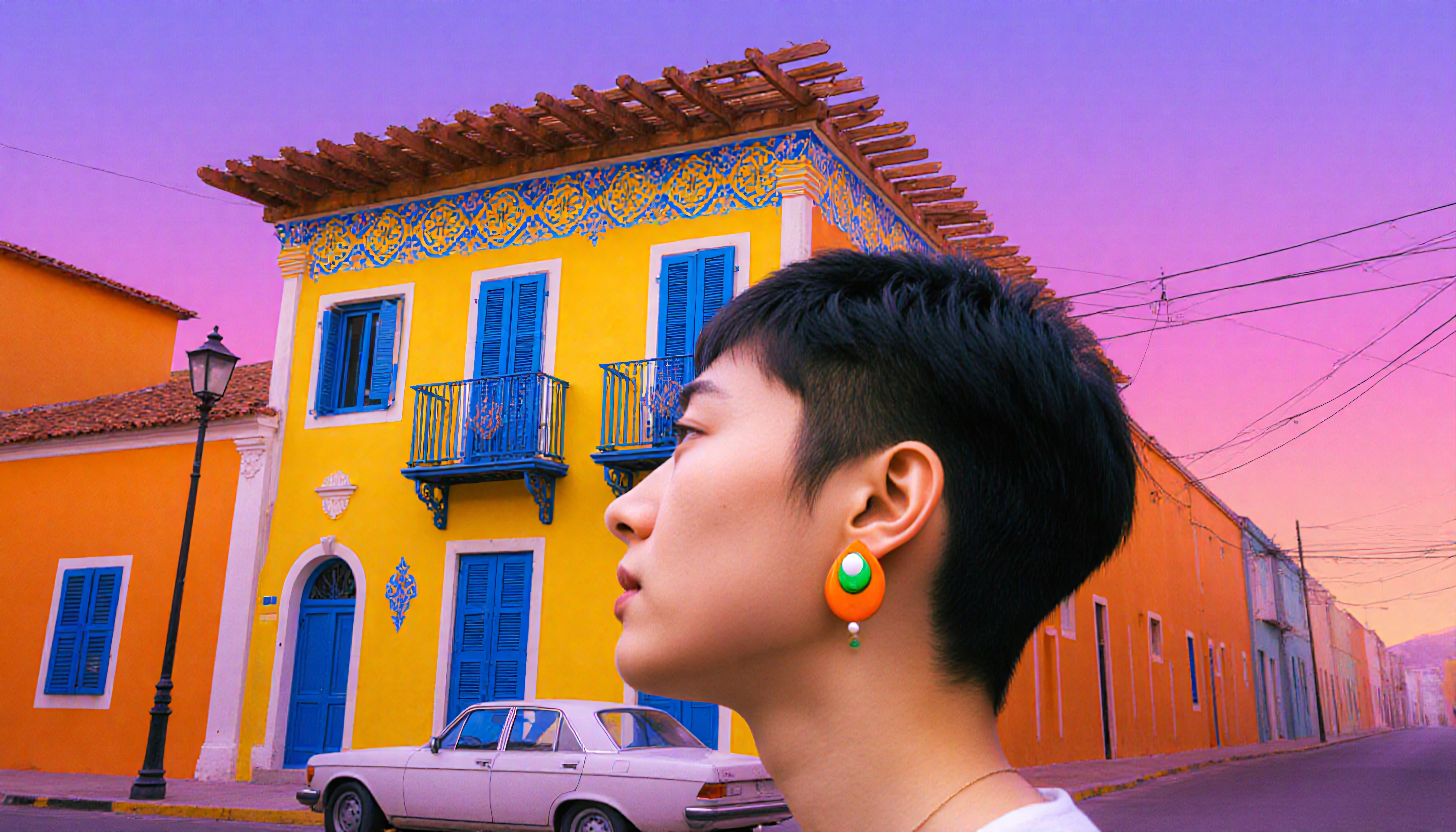 A profile view of a person wearing a colorful earring stands against a vibrant yellow building with blue accents during a pastel sunset.