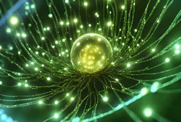 Glowing nerve cell with interconnected fibers representing advanced AI or biological connectivity