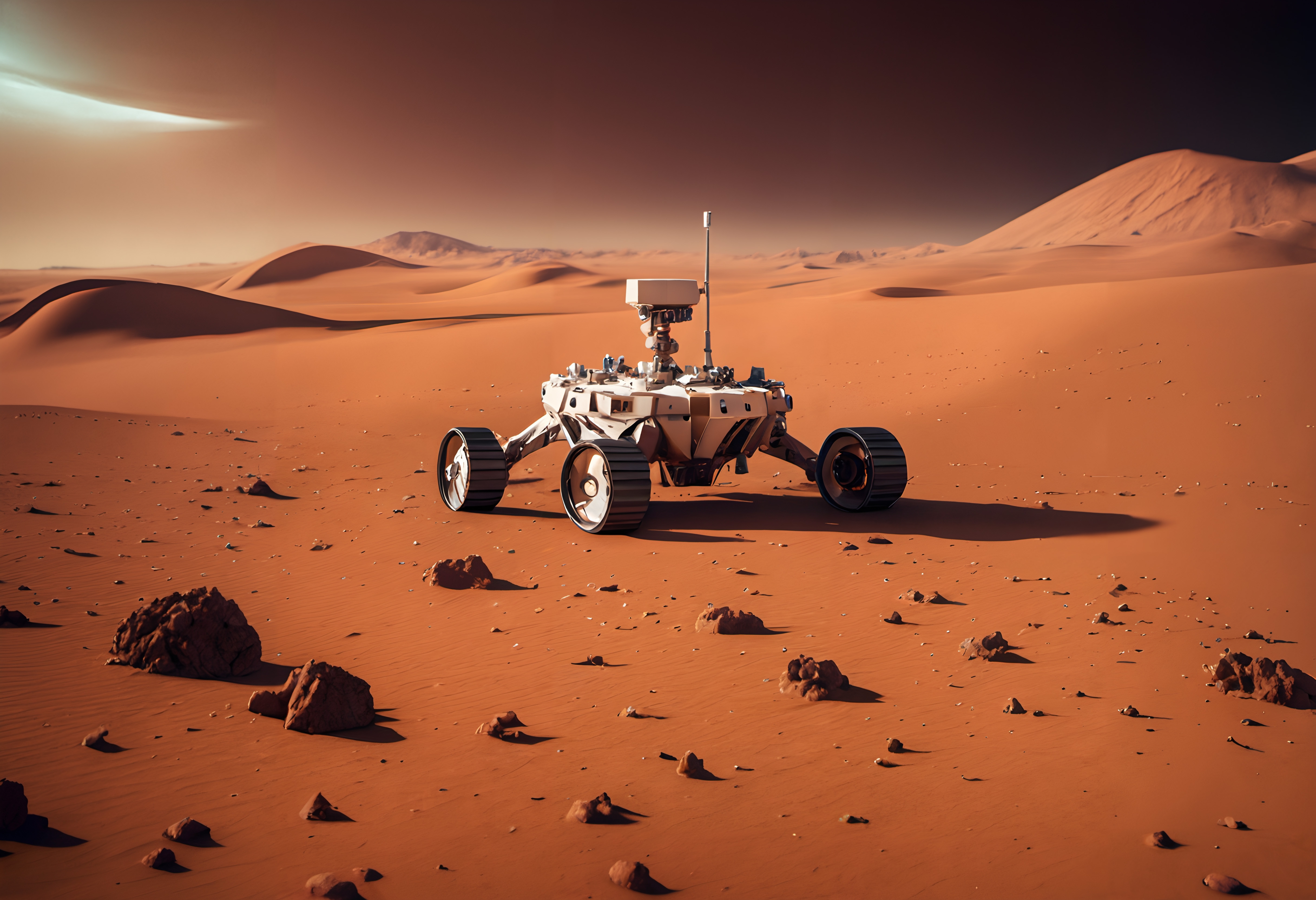 A rover navigates a Mars-like desert landscape with red sand dunes.