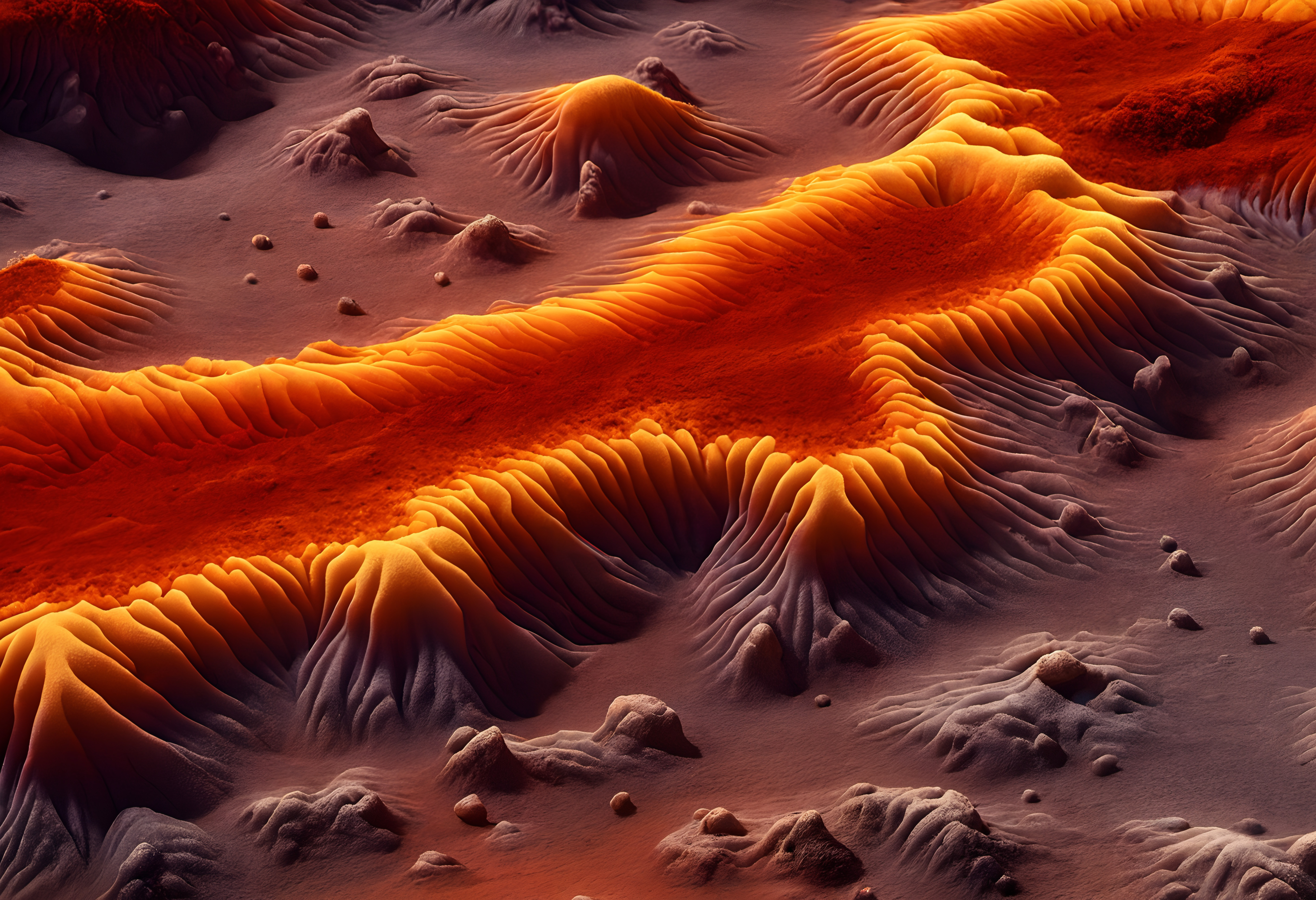 Alien landscape with vibrant orange and purple sand dune textures