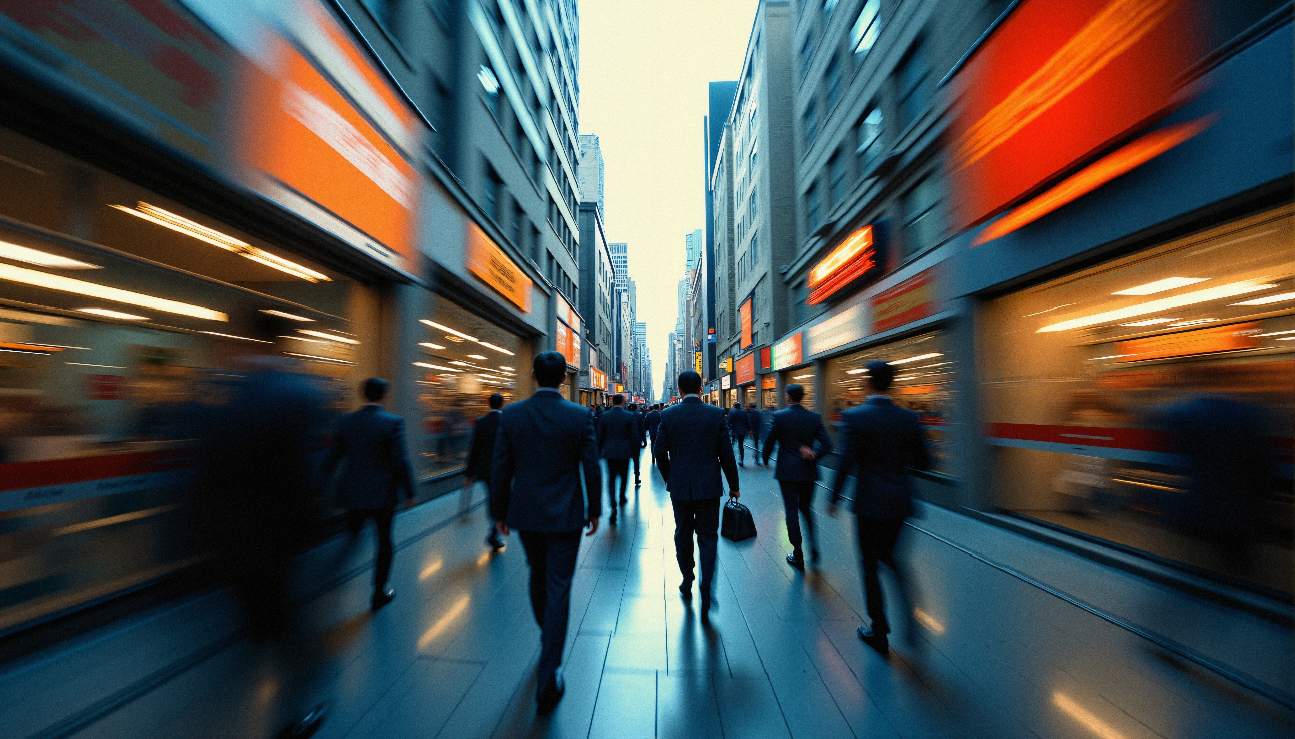 A busy city street with blurred motion, capturing people in suits walking amidst tall buildings with bright signs.