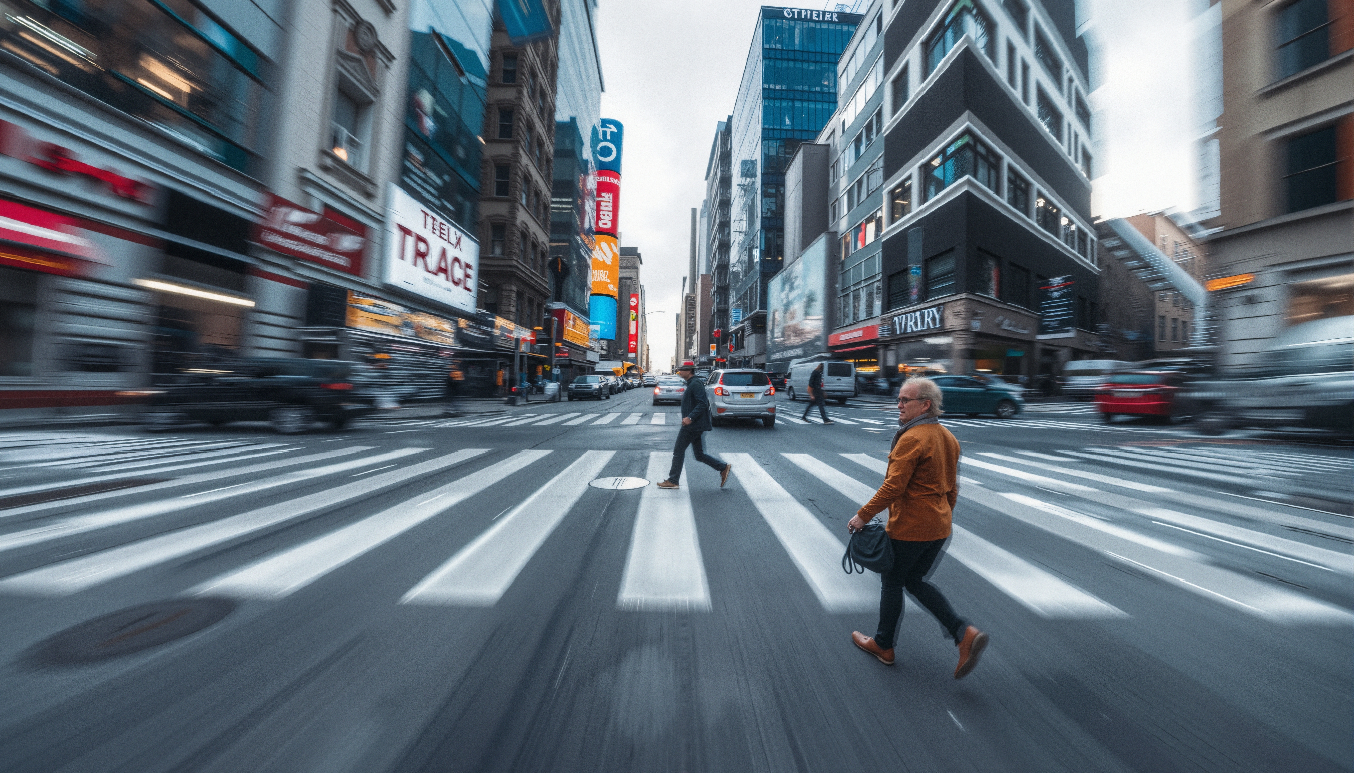 Urban street scene with busy pedestrian crosswalk, colorful advertisements, and modern buildings creating a dynamic city life atmosphere.