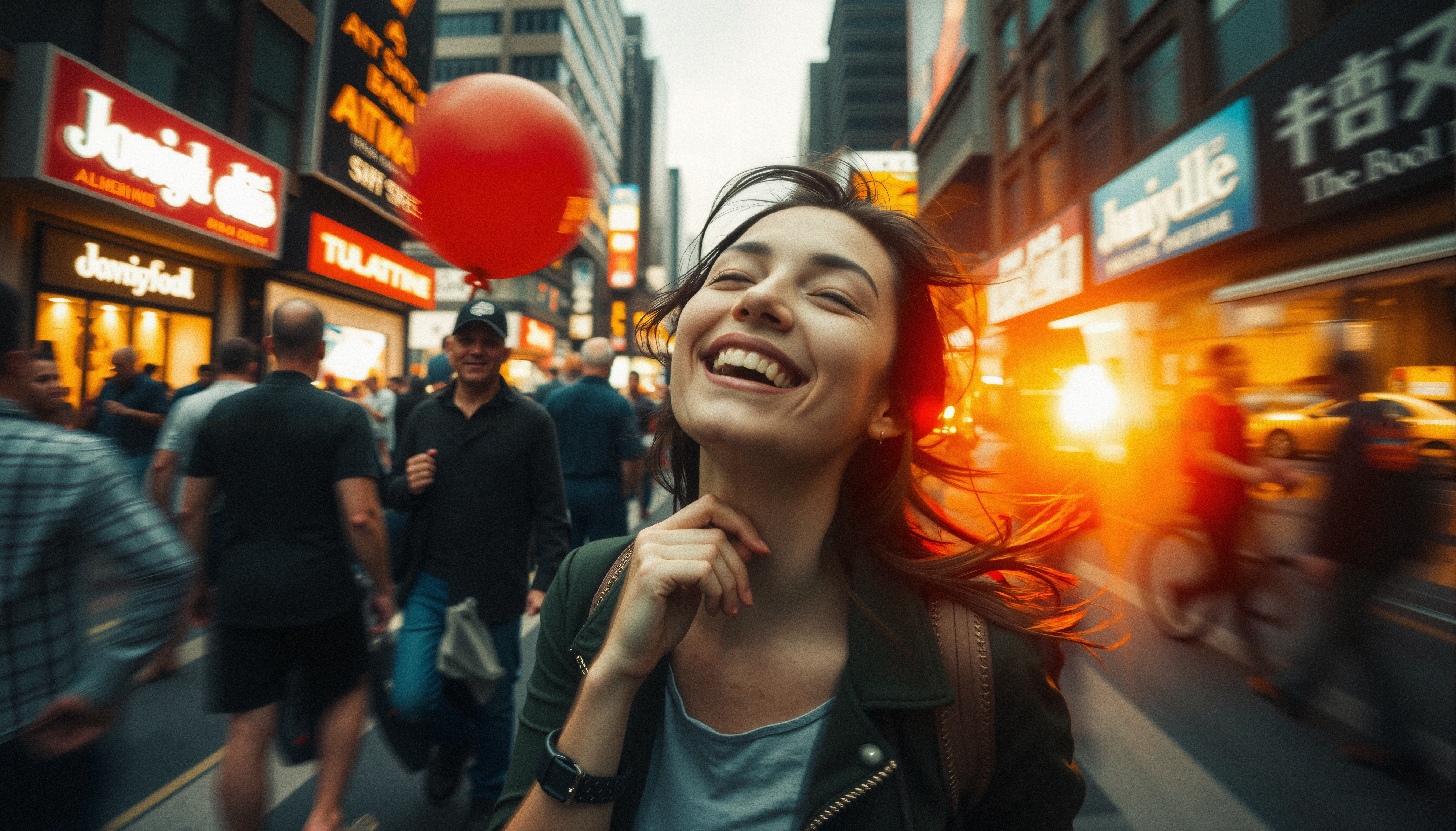Young woman laughing on busy city street with bright lights and bustling crowd.