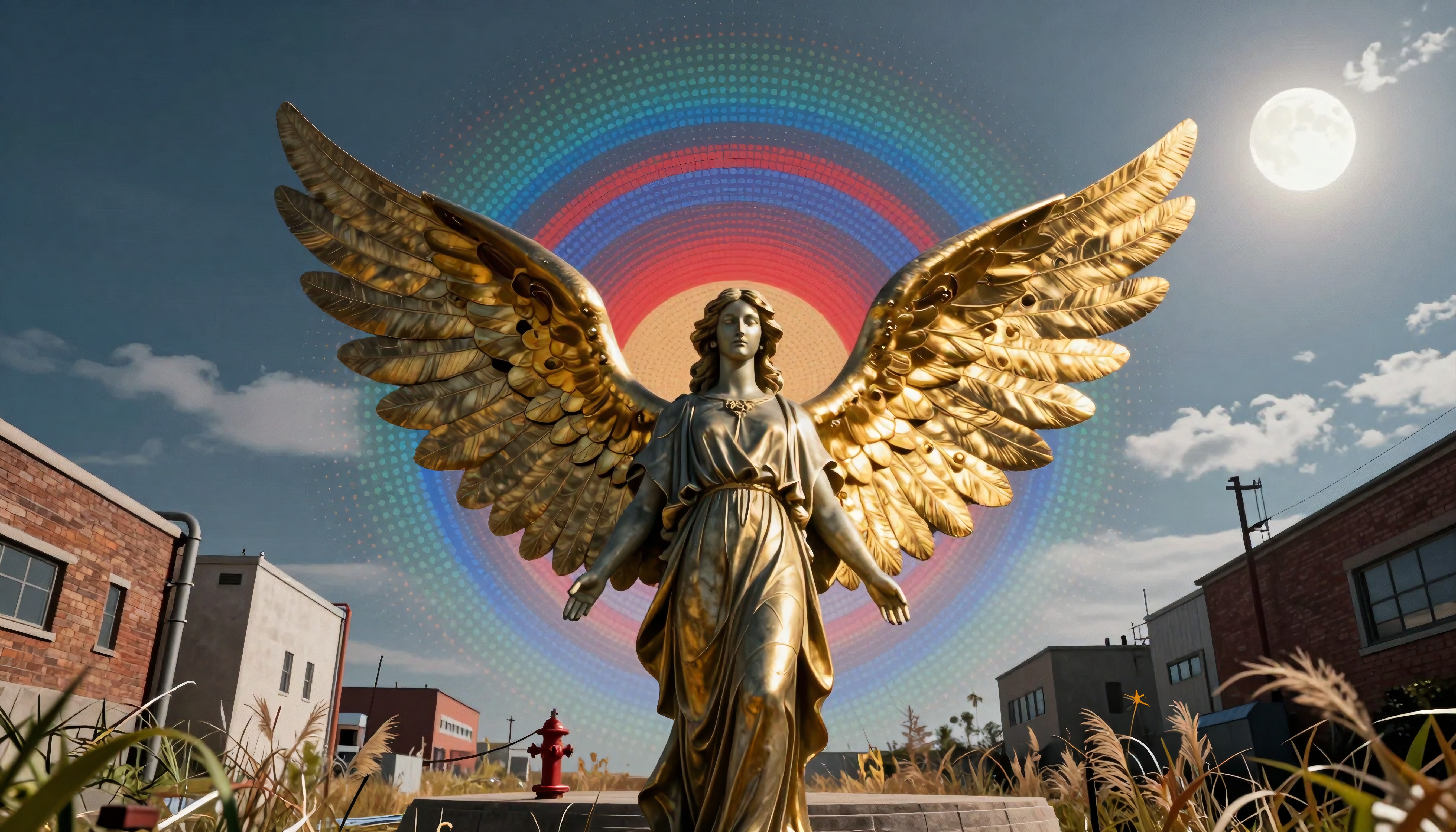 Golden angel statue with rainbow halo under moonlit sky in an urban setting.