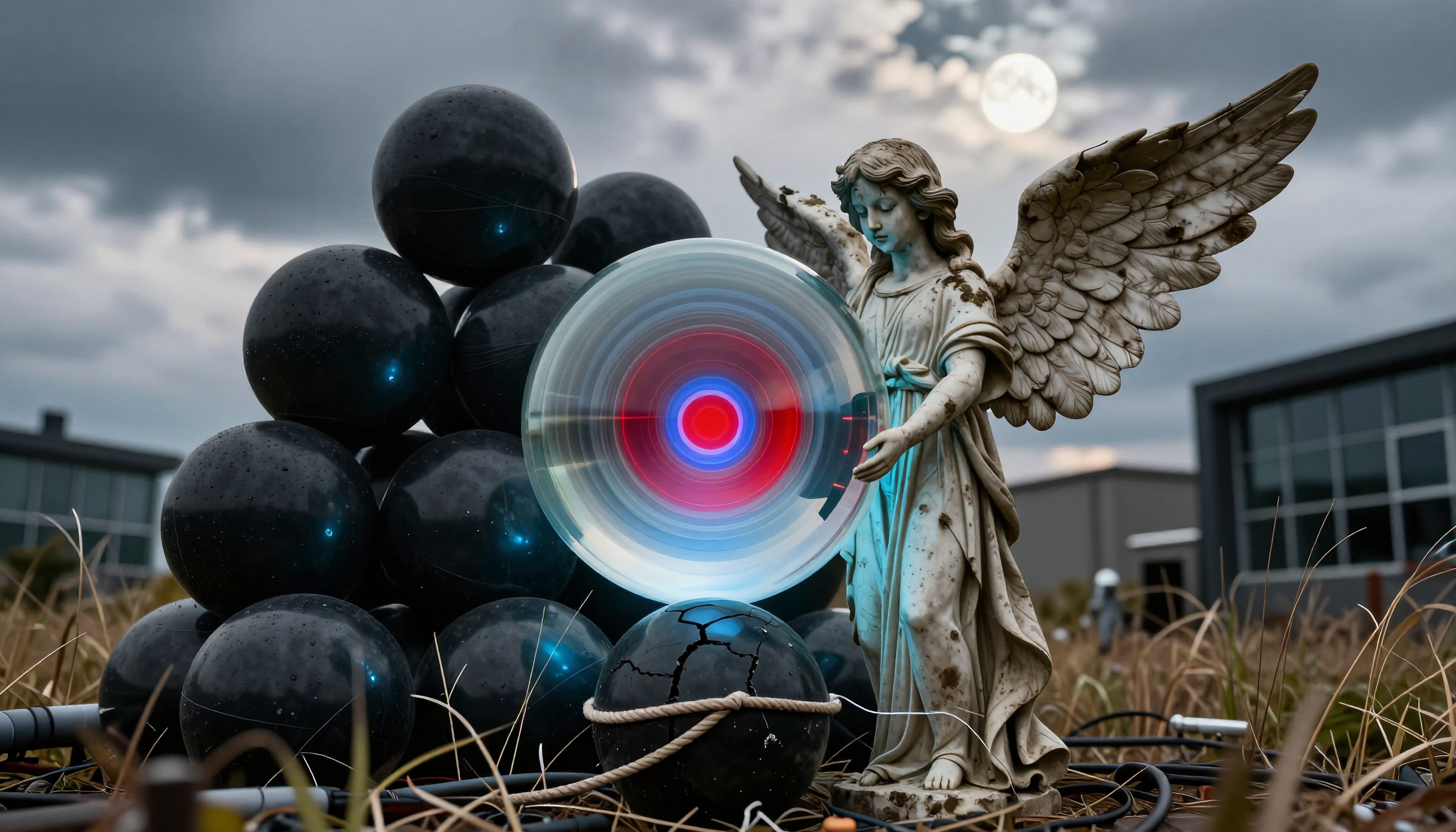 A weathered angel statue holds a glowing futuristic disc beside stacked black spheres under a cloudy night sky.