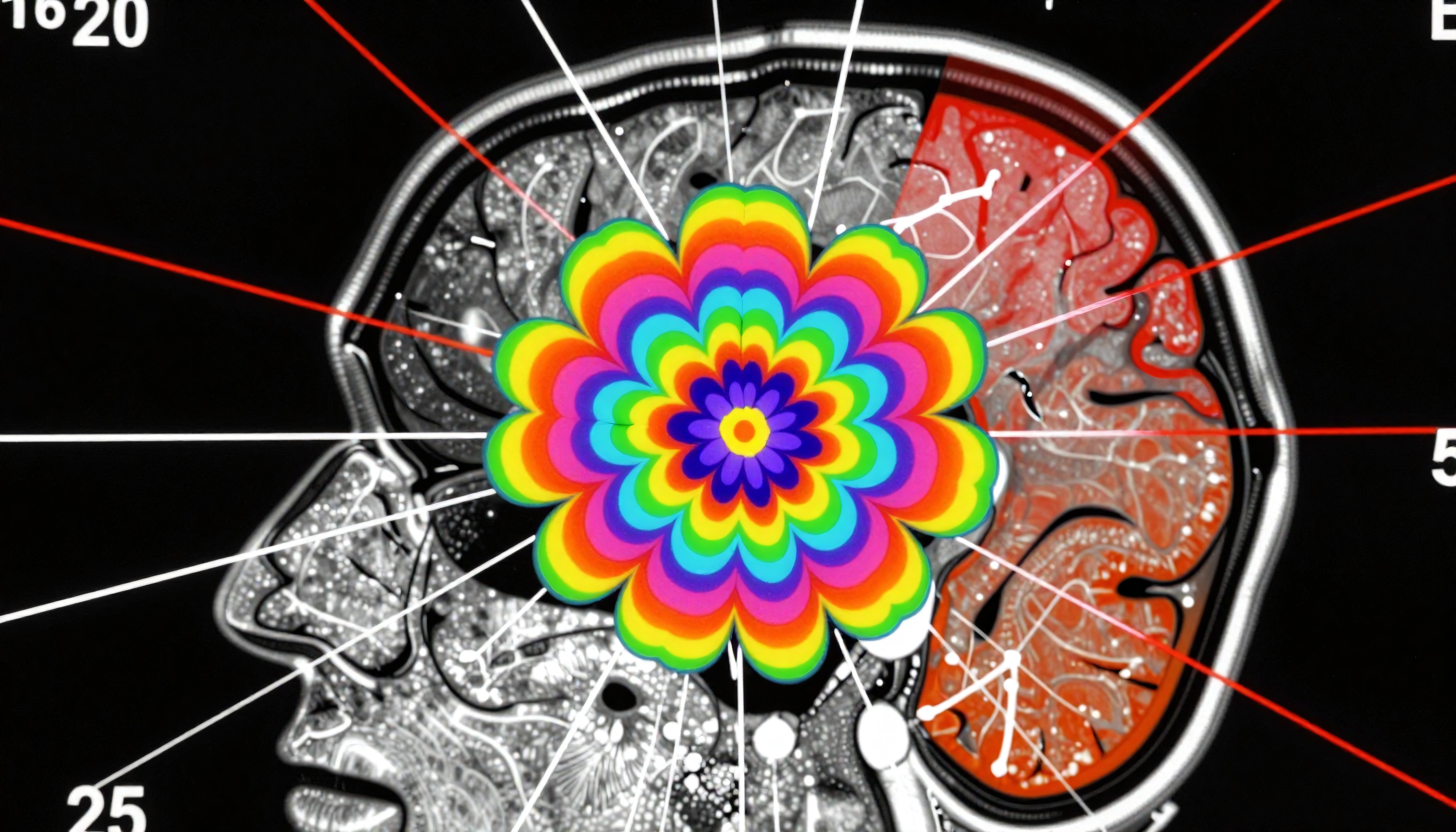 A detailed MRI scan with a vibrant, multicolored floral pattern overlay, suggesting the fusion of neuroscience and art.