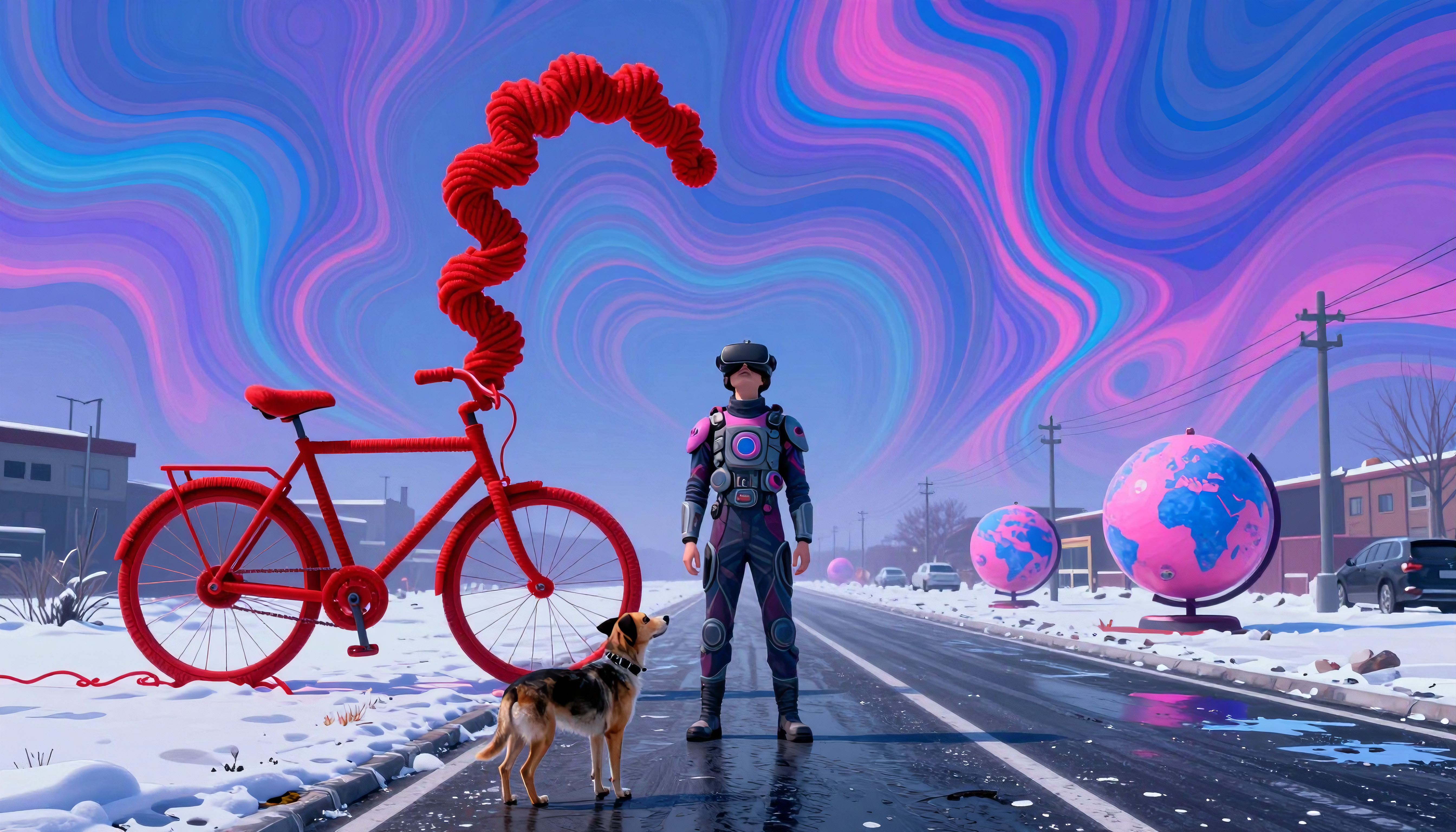 Futuristic VR Scene with Yarn Bicycle, Dog, and Swirling Sky