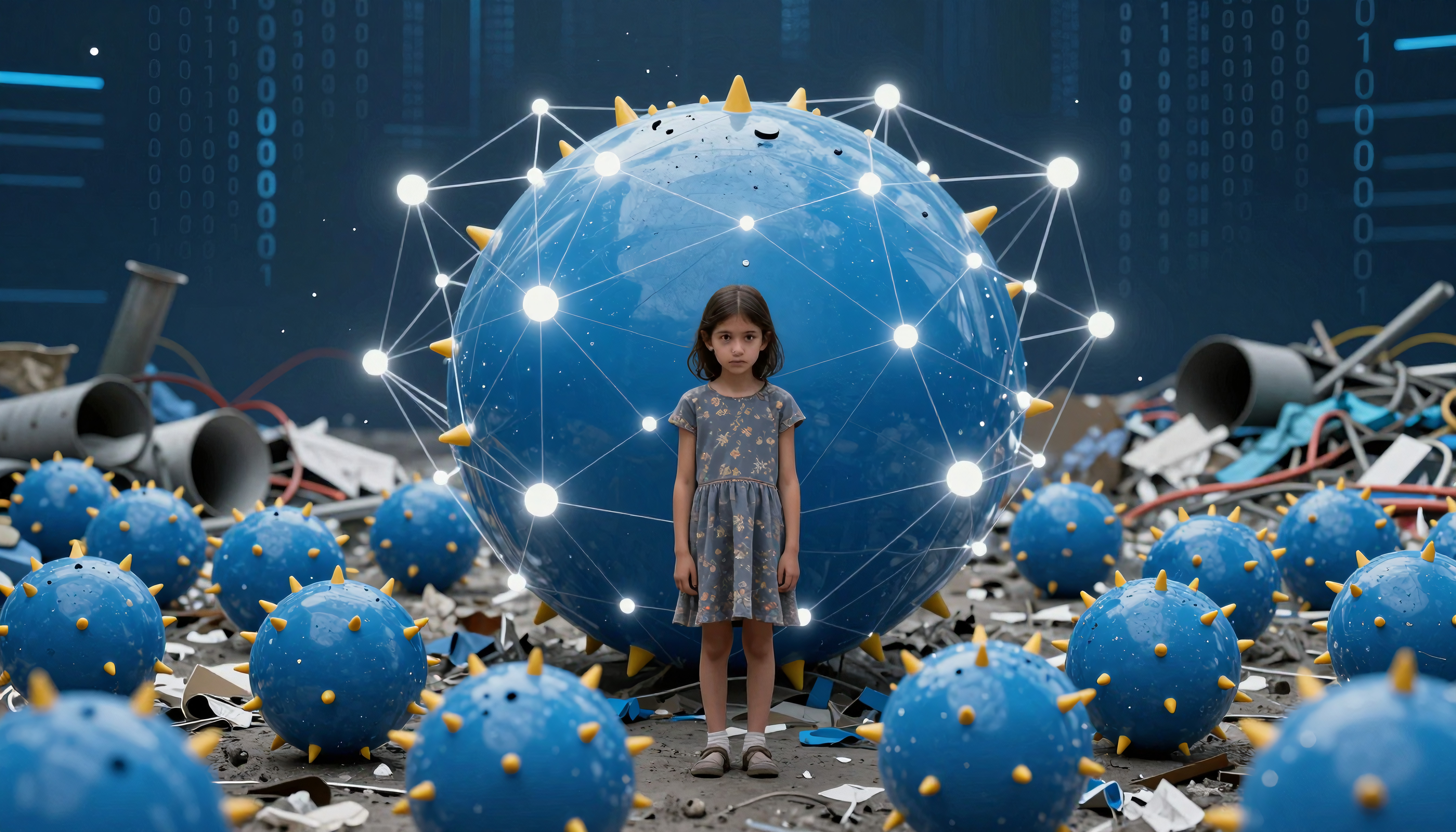 A young girl stands among large blue spiked spheres with glowing network nodes in a dystopian digital landscape filled with debris and binary code in the background.