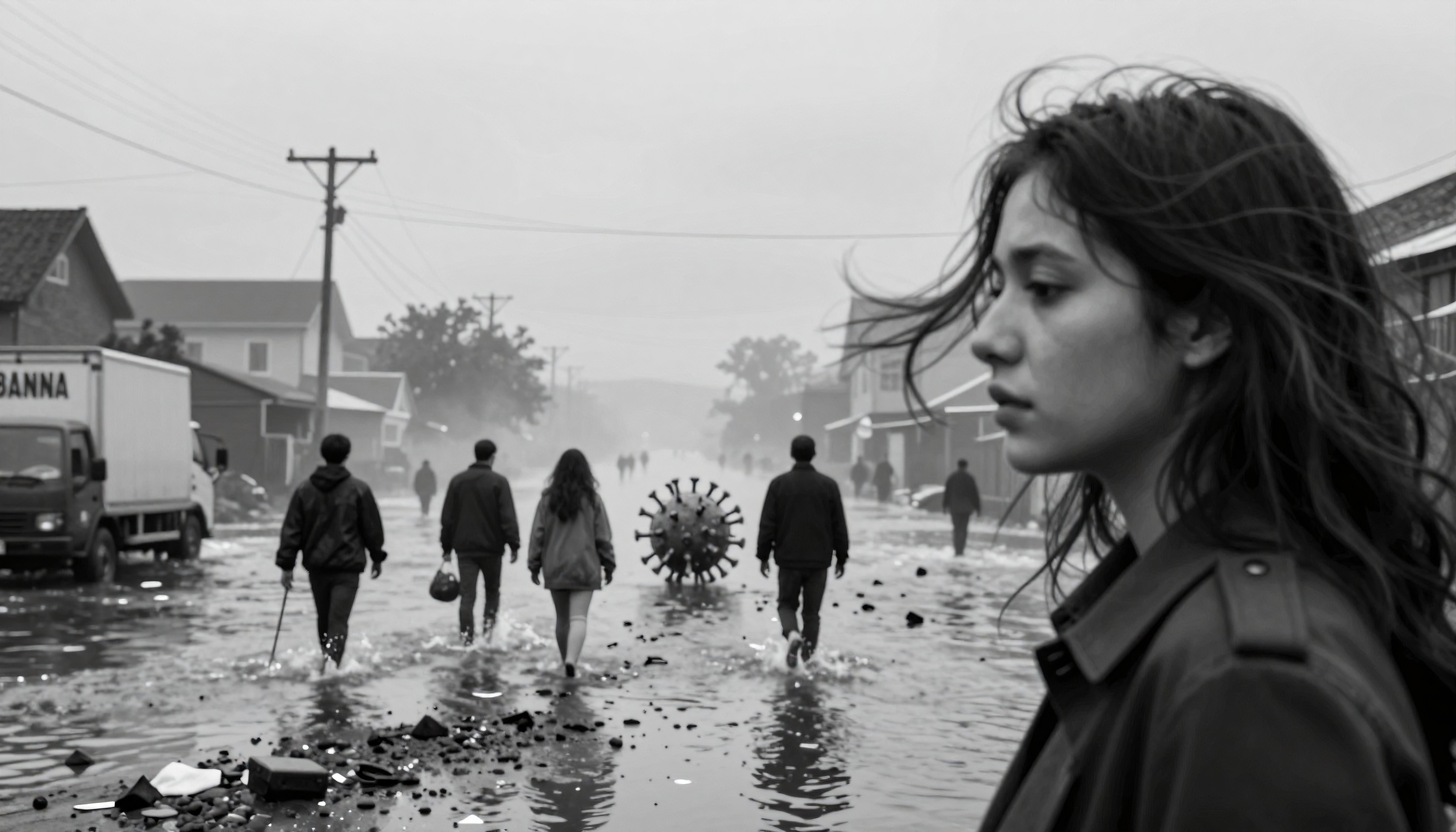 A flooded street with people walking, including a surreal virus-shaped object, in a black and white scene.