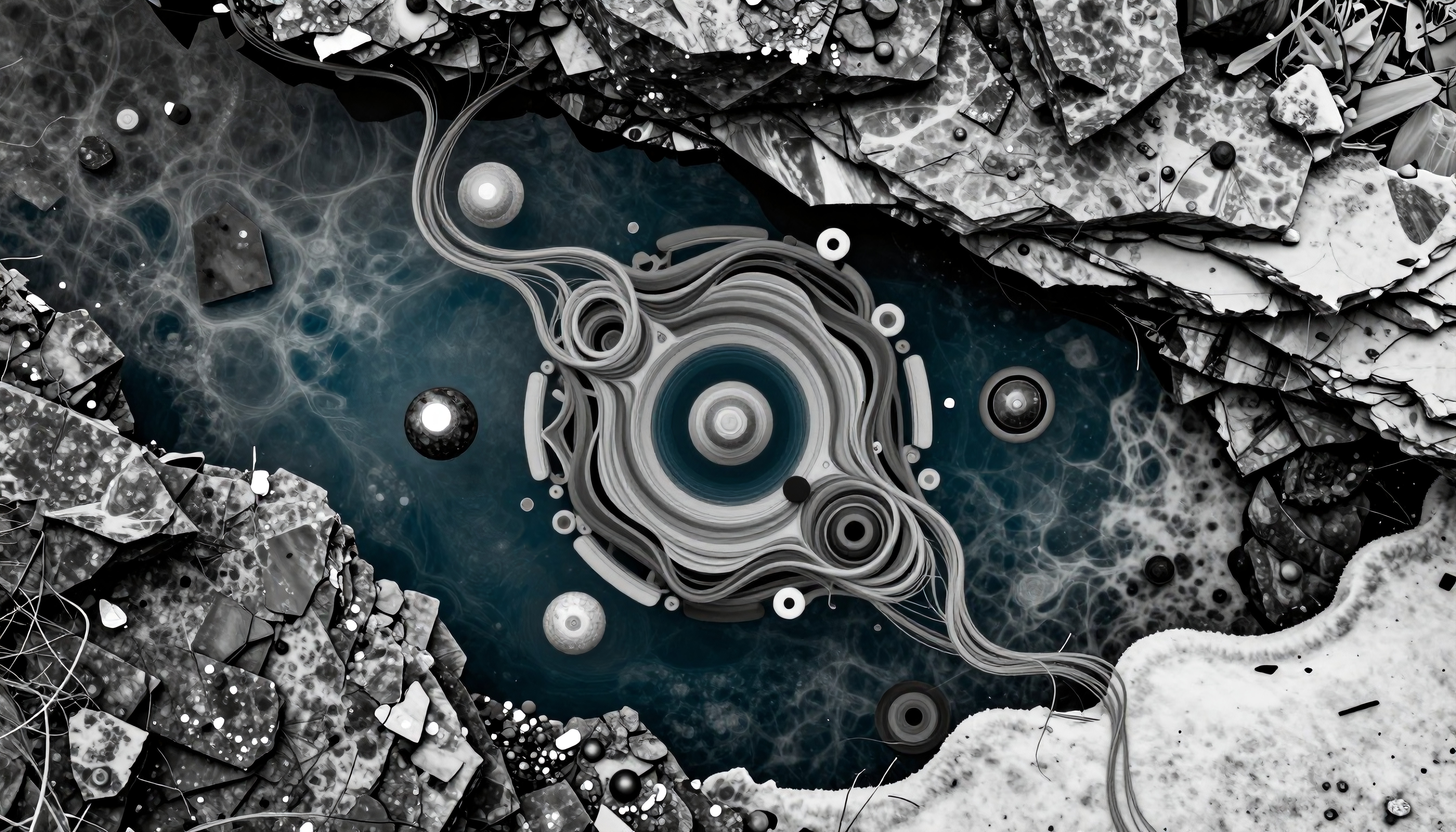 Abstract image featuring swirling patterns in a cosmic rocky landscape.