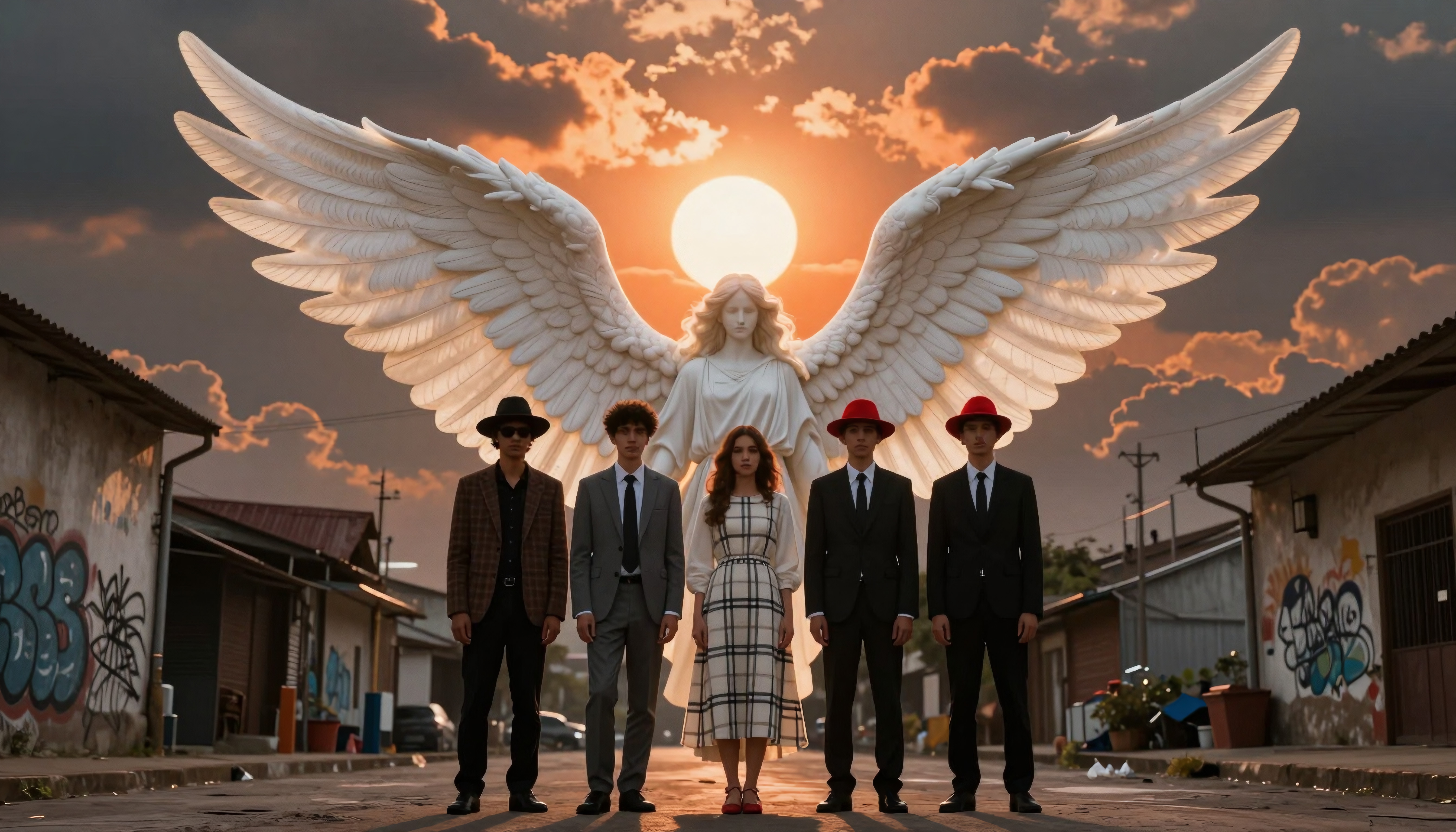 A group stands before a majestic angel statue at sunset in an urban street.