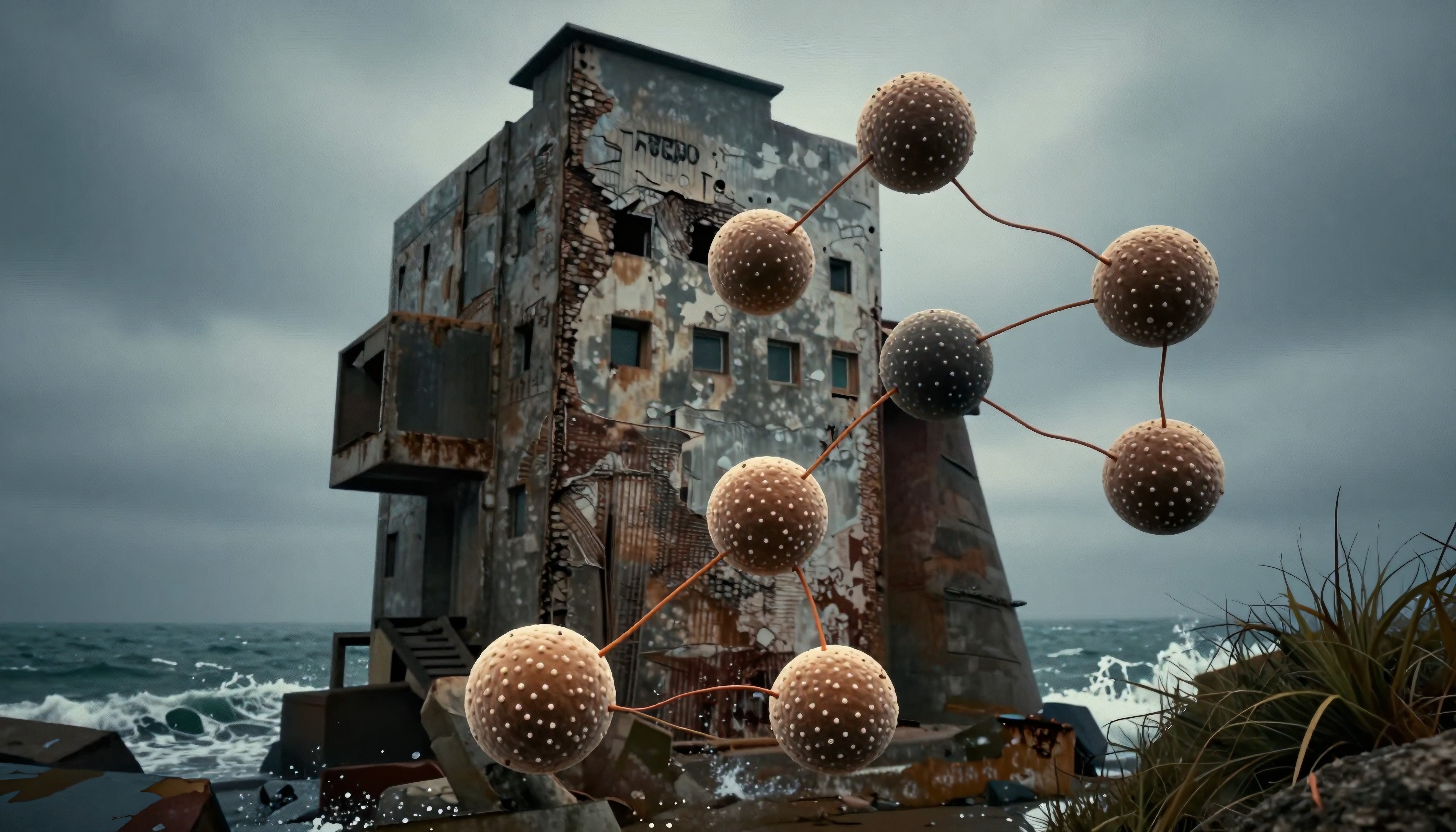 An abandoned building by the sea juxtaposed with interconnected futuristic spheres.