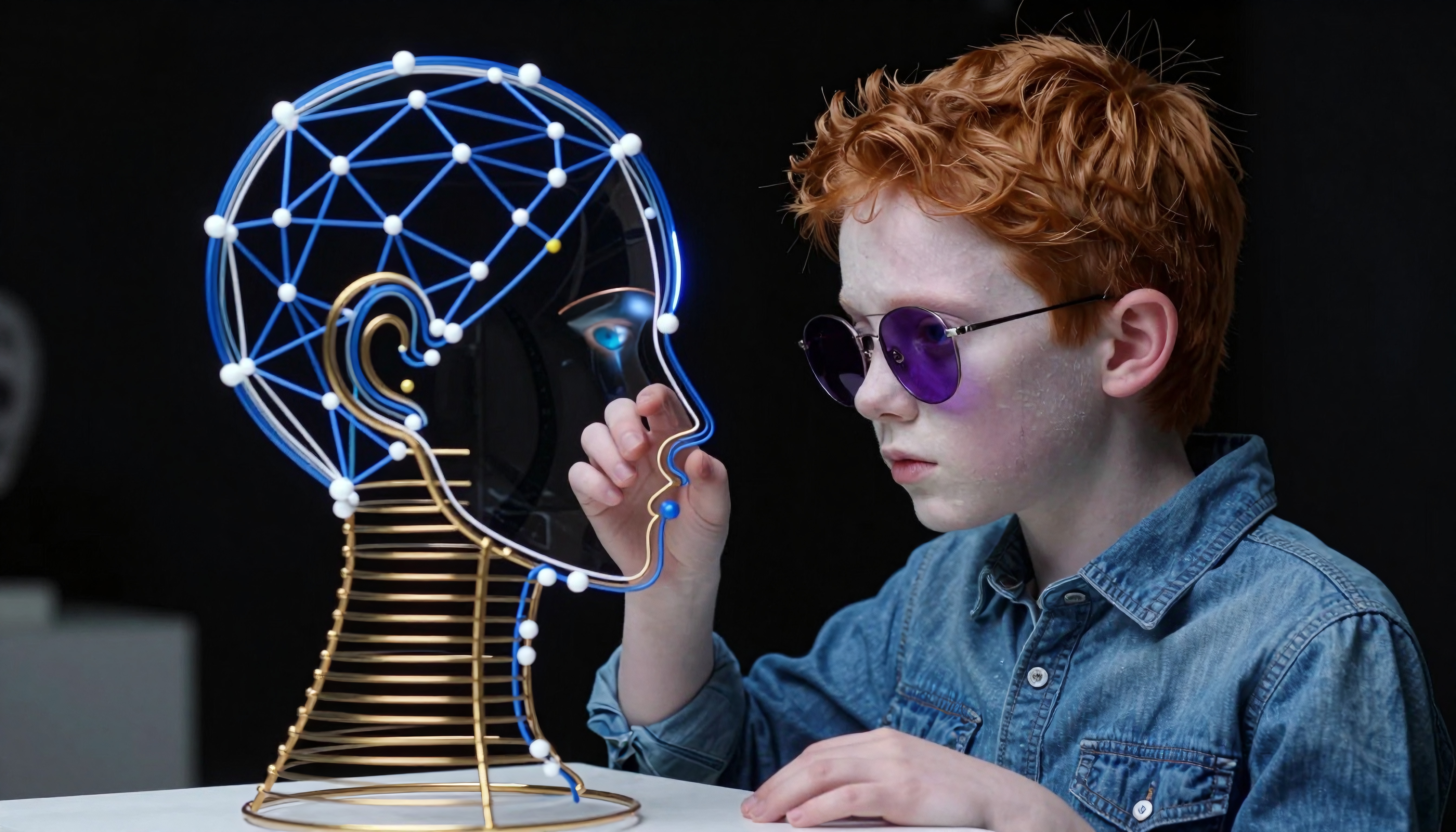 Young boy examines futuristic wireframe sculpture with curiosity.