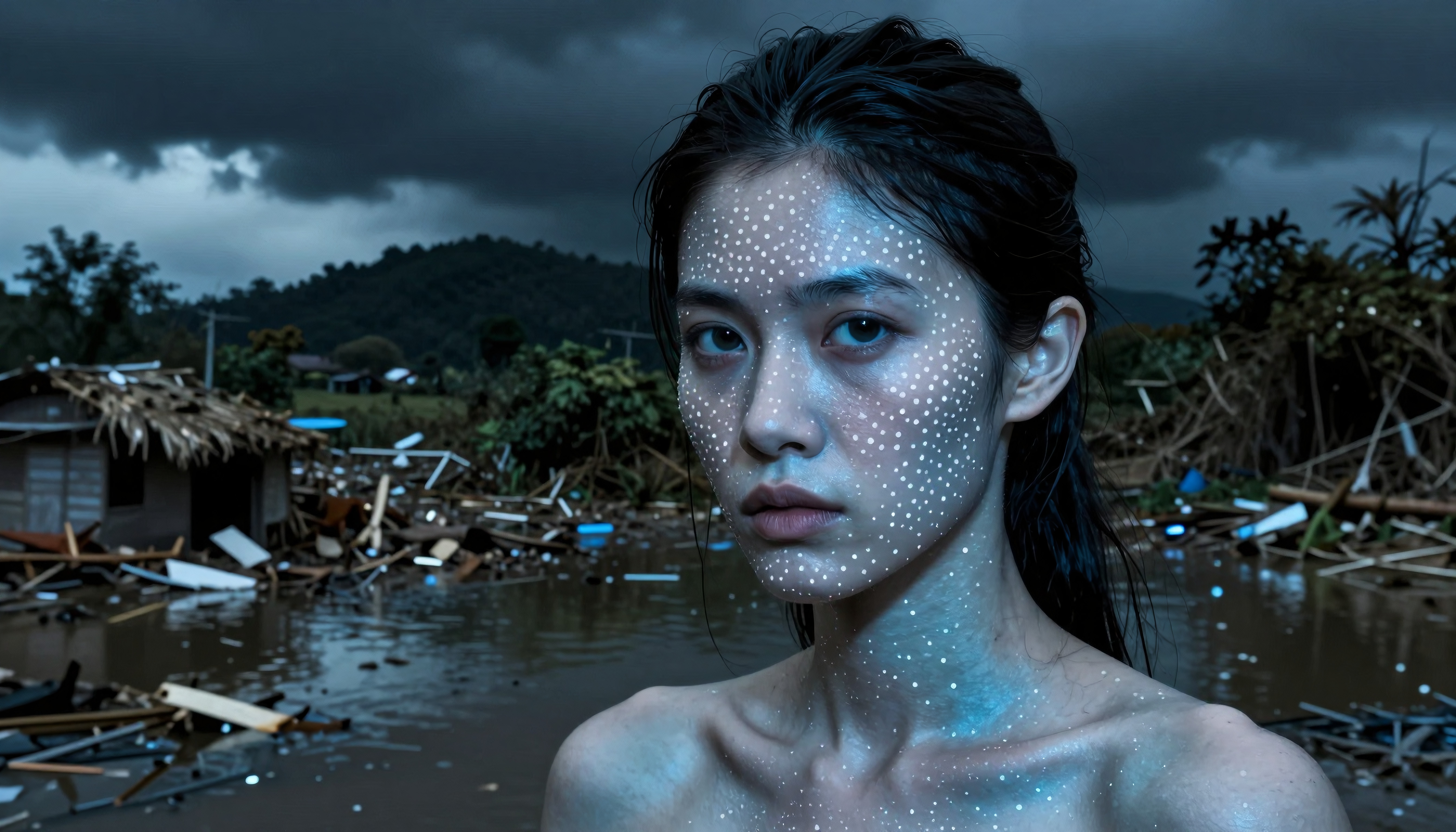 A woman with dotted face paint stands resilient amid stormy floodwaters and debris.