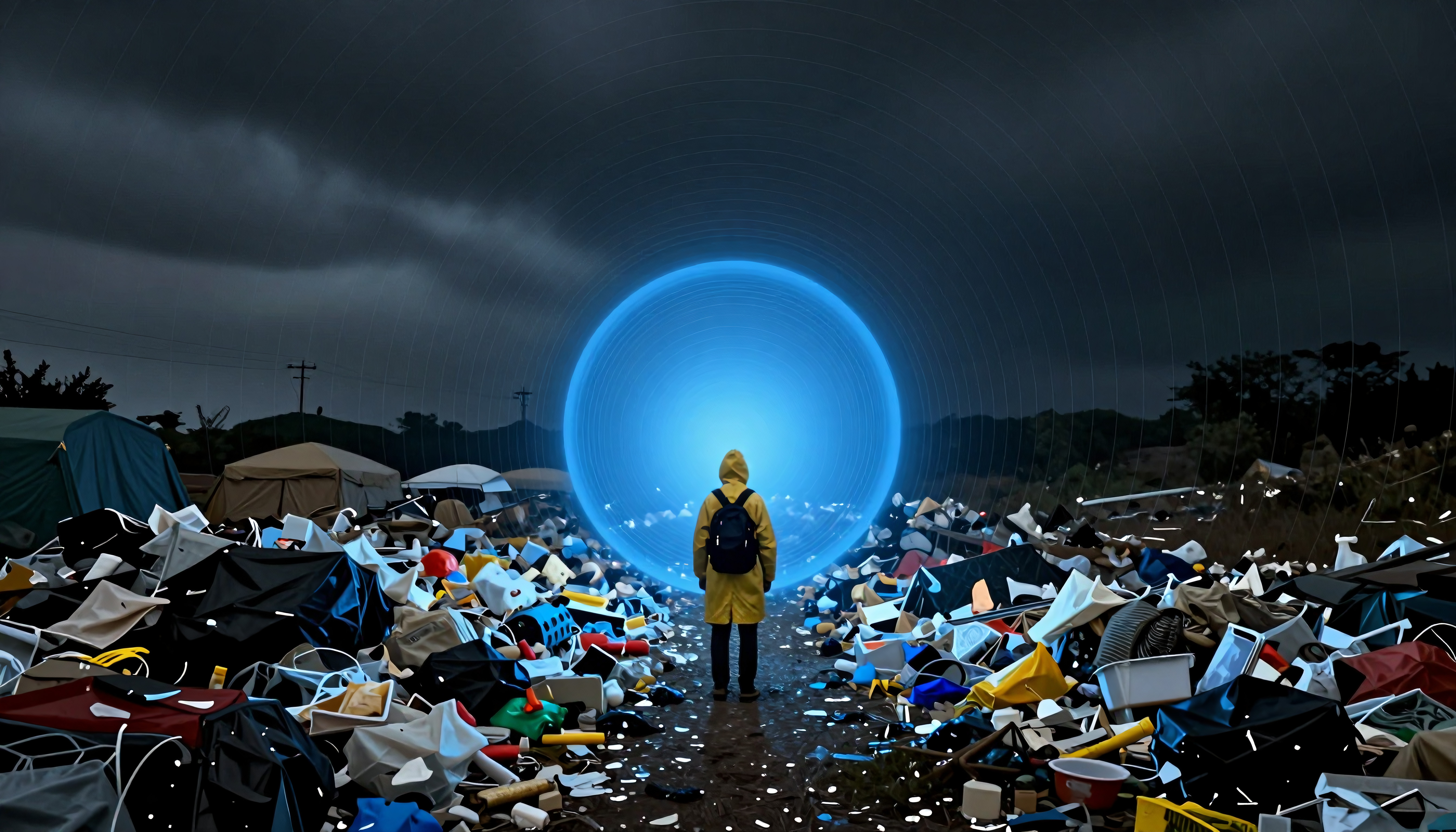 Glowing blue portal in trash field, man in yellow raincoat, science fiction environmental pollution concept art
