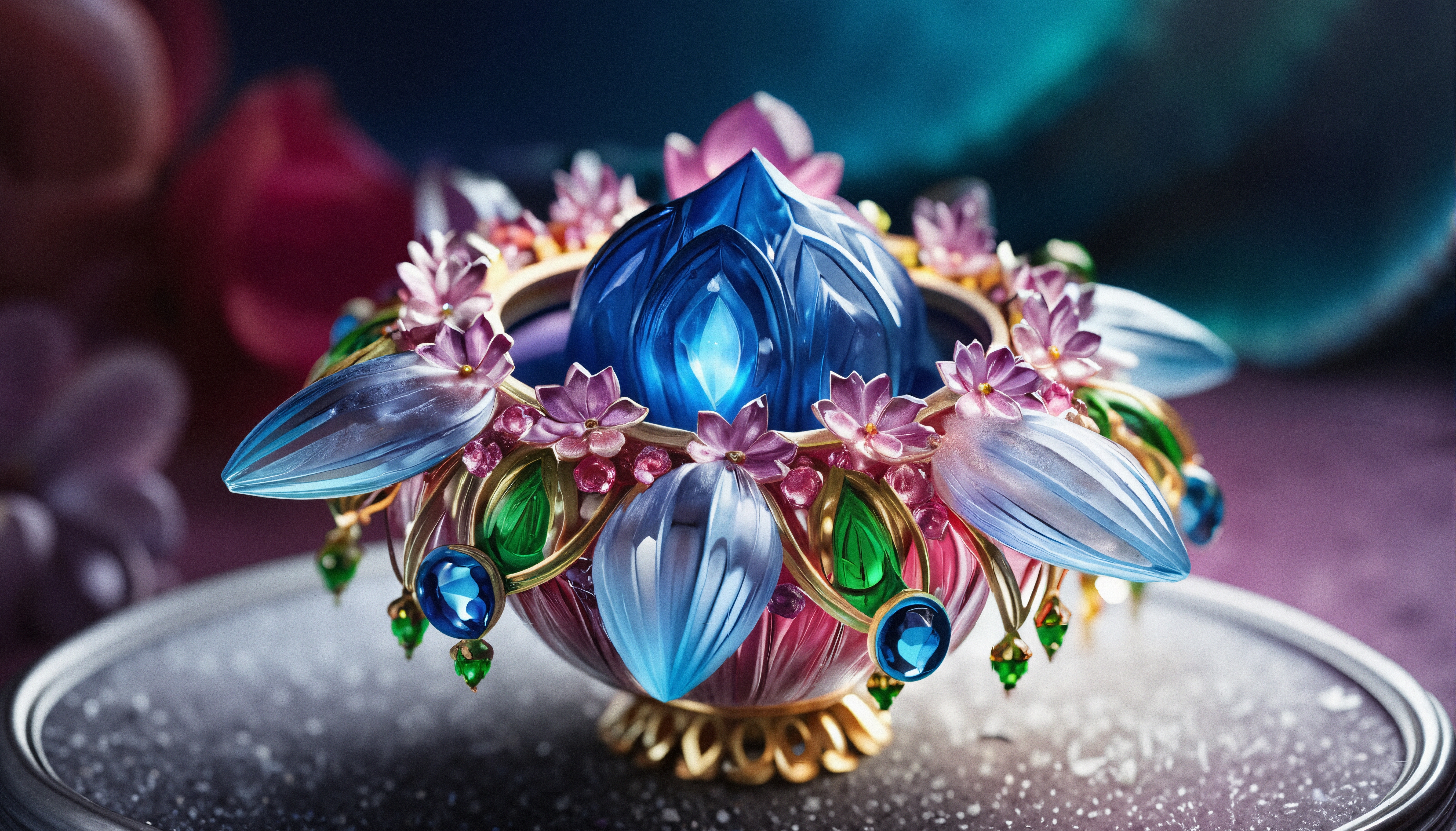 Elegant decorative ornament with blue central crystal, pink flowers, and gem accents, displaying exquisite craftsmanship.
