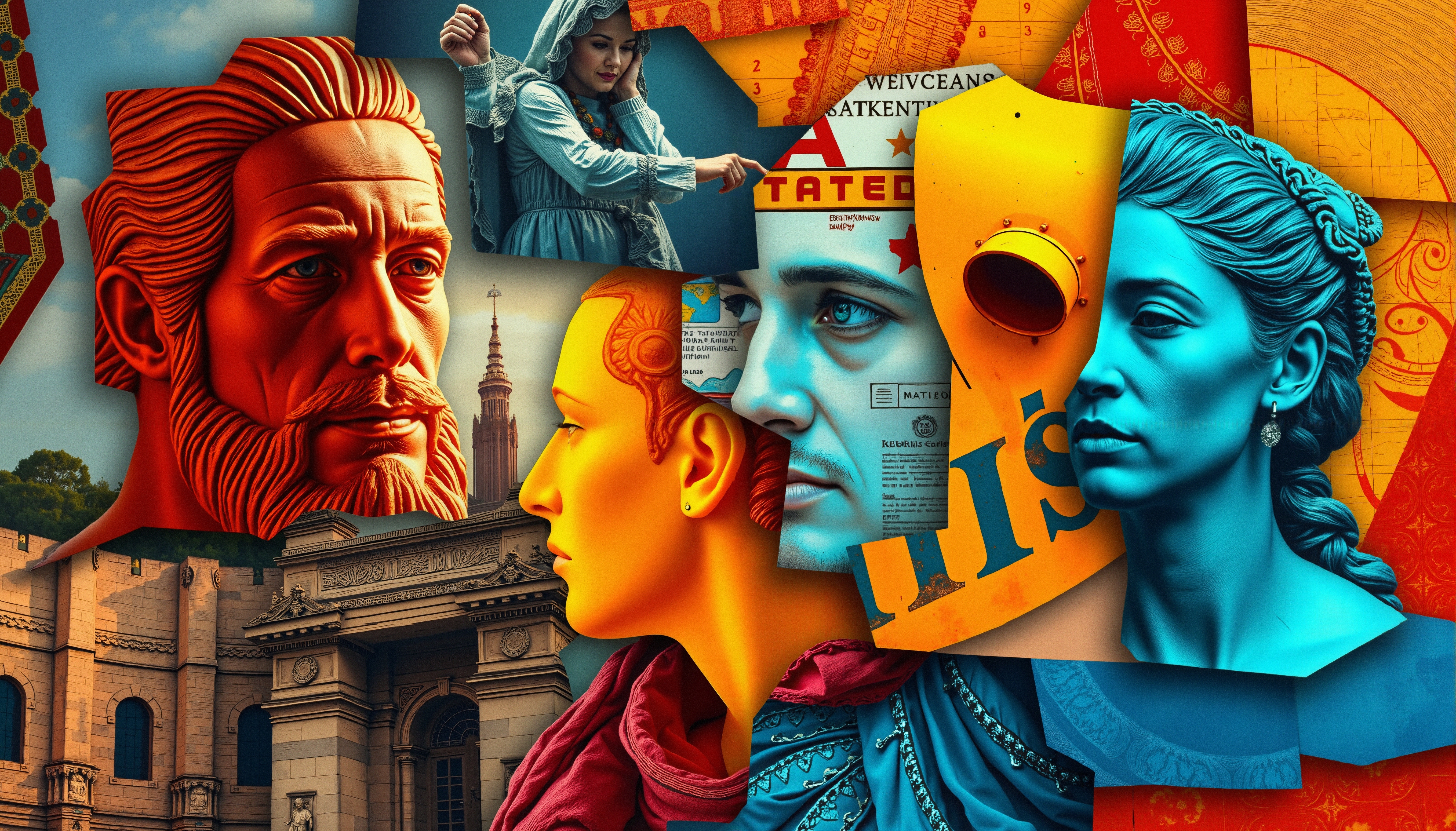A vibrant collage of historical sculptures, architecture, and modern elements in orange and blue tones.