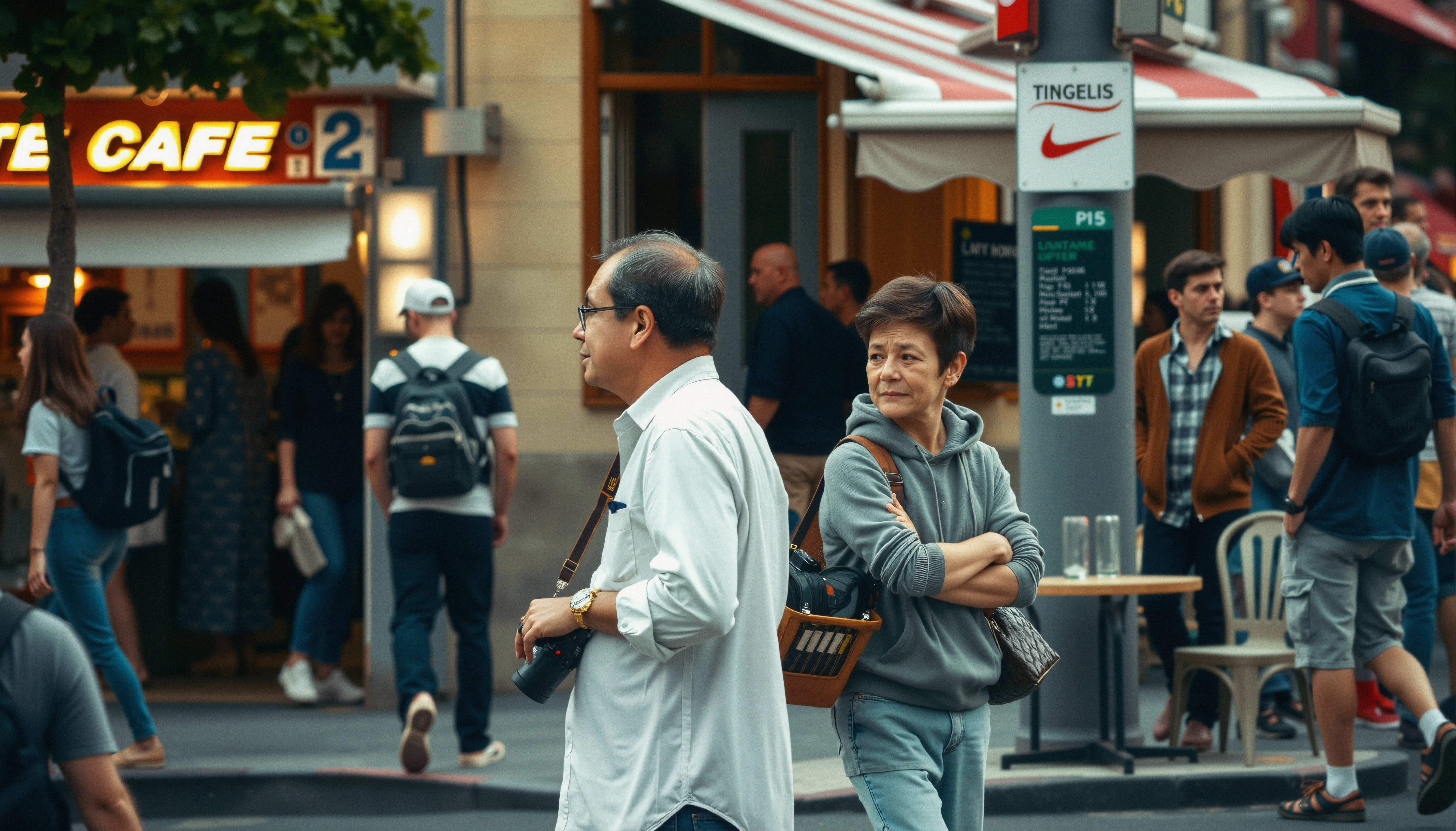 A lively city street scene with people walking and interacting near a cafe.
