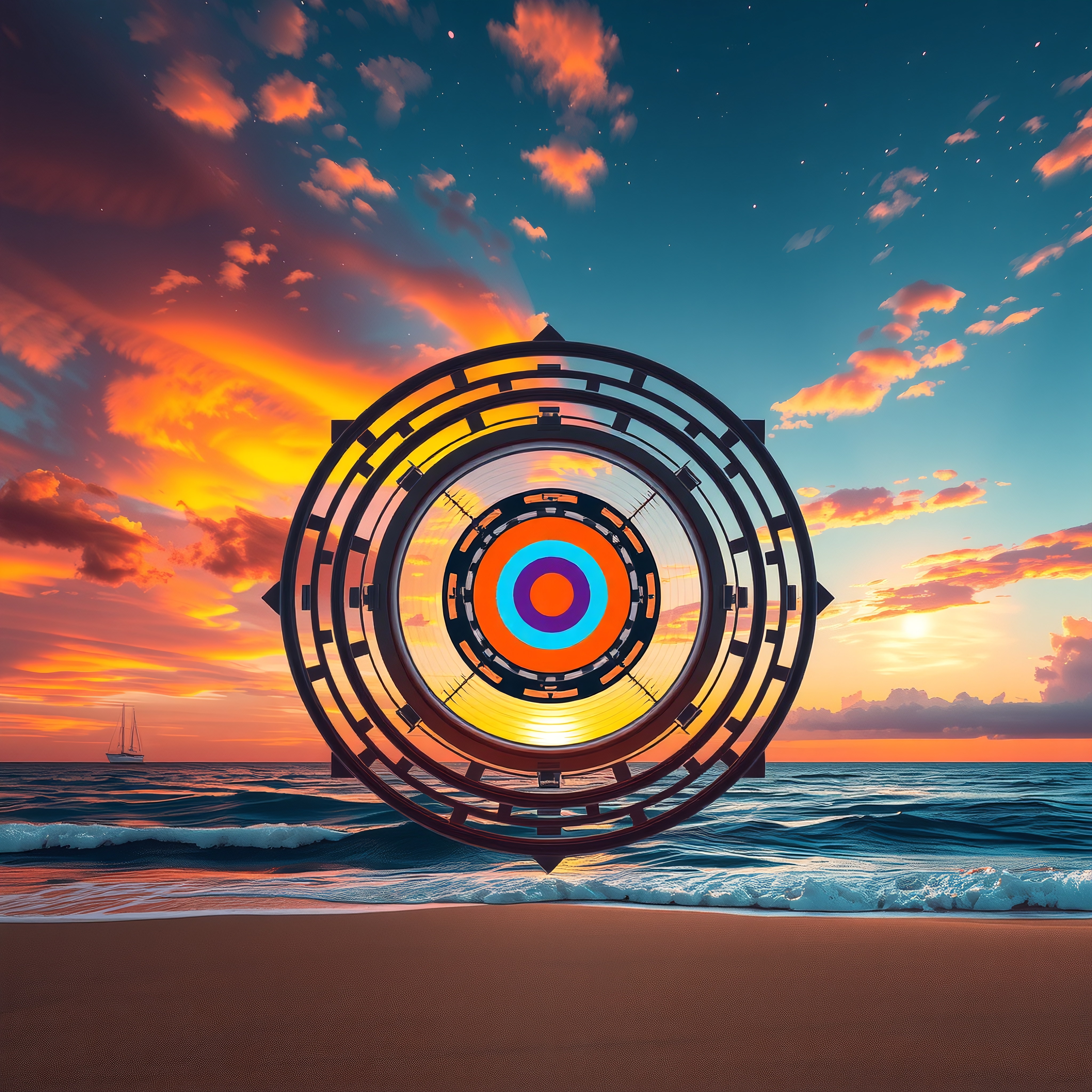 A geometric design overlays a vibrant beach sunset, creating a unique, colorful visual.