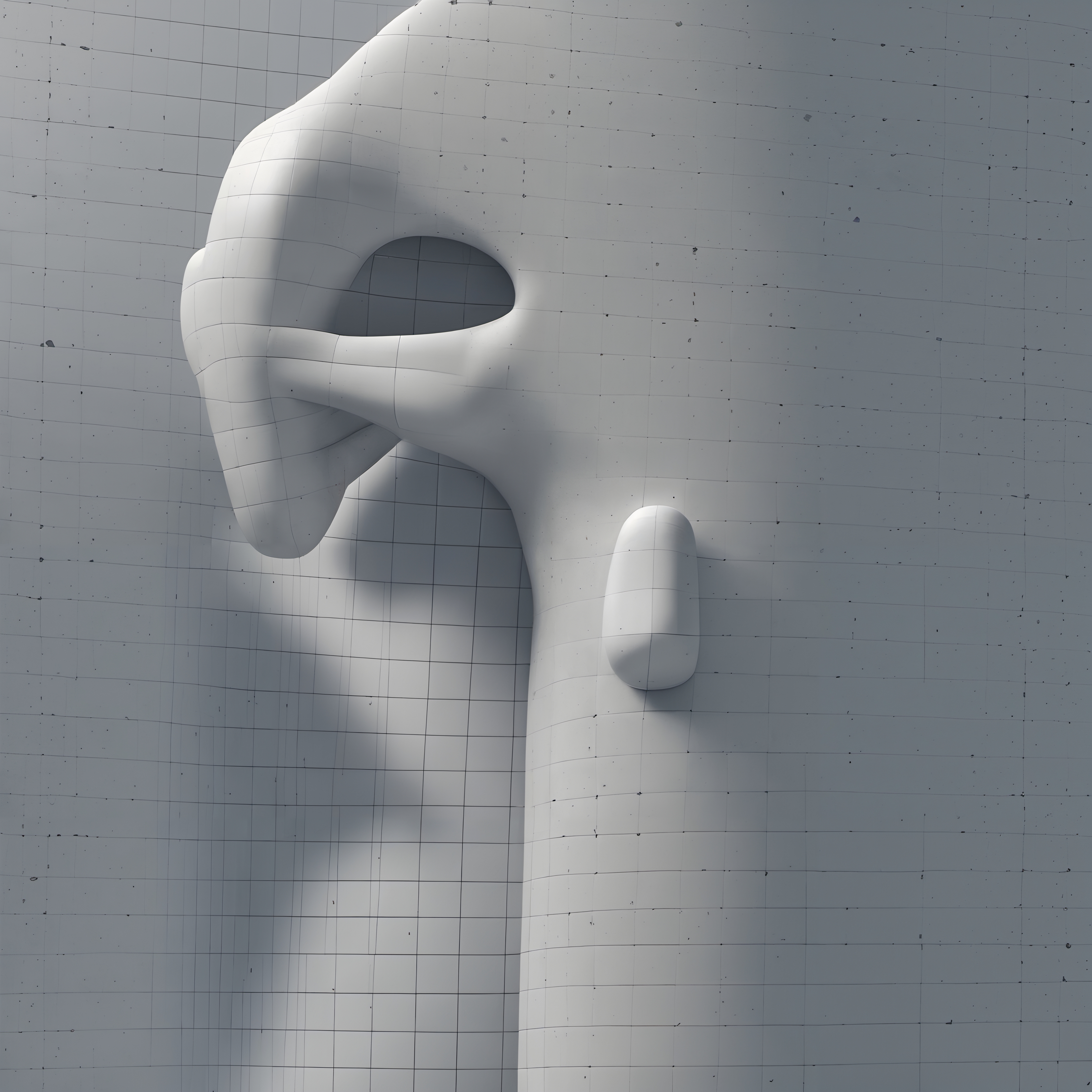 Abstract 3D sculpture with grid overlay, showcasing organic curves and light play.