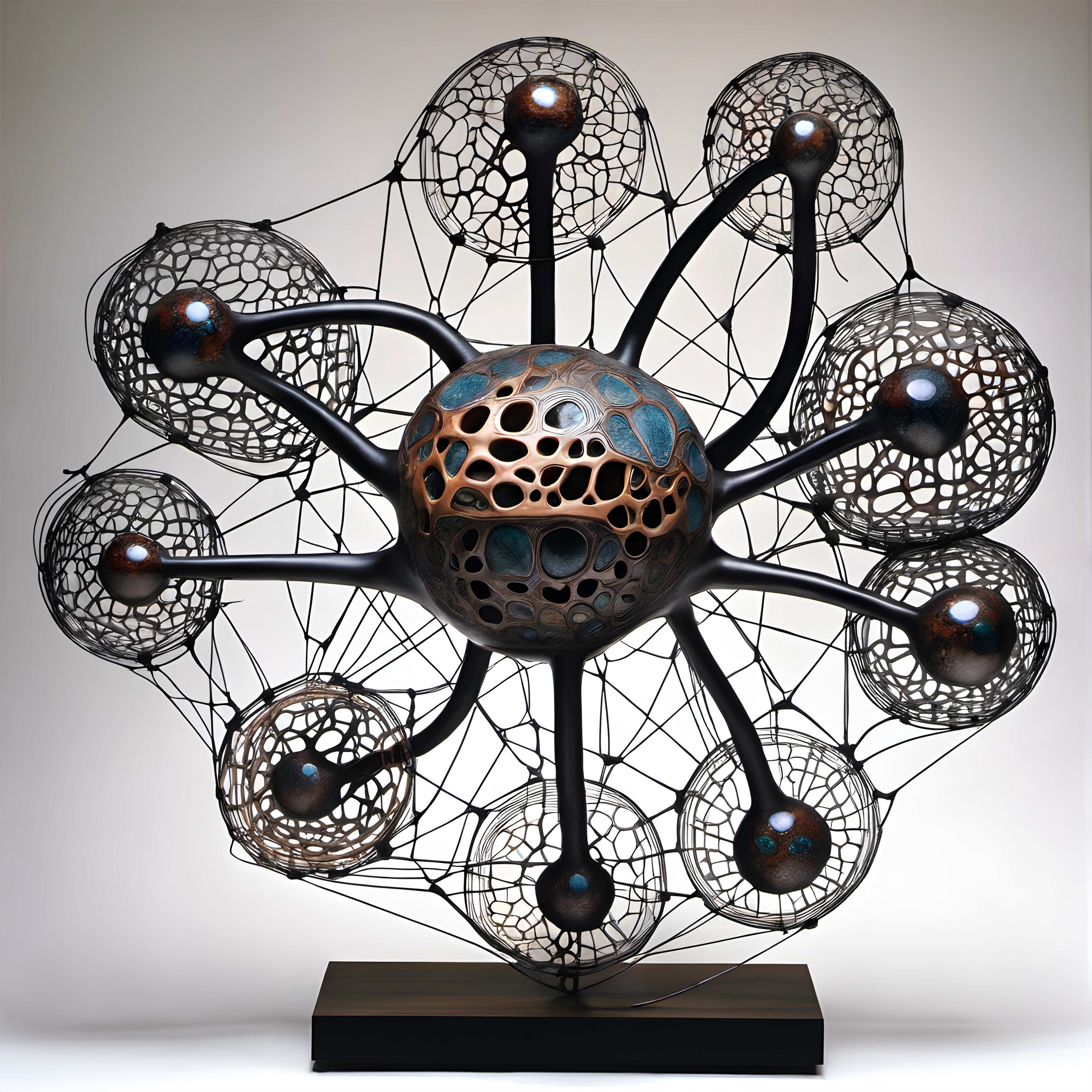 Futuristic metallic sculpture with intricate design showcasing interconnected orbs.
