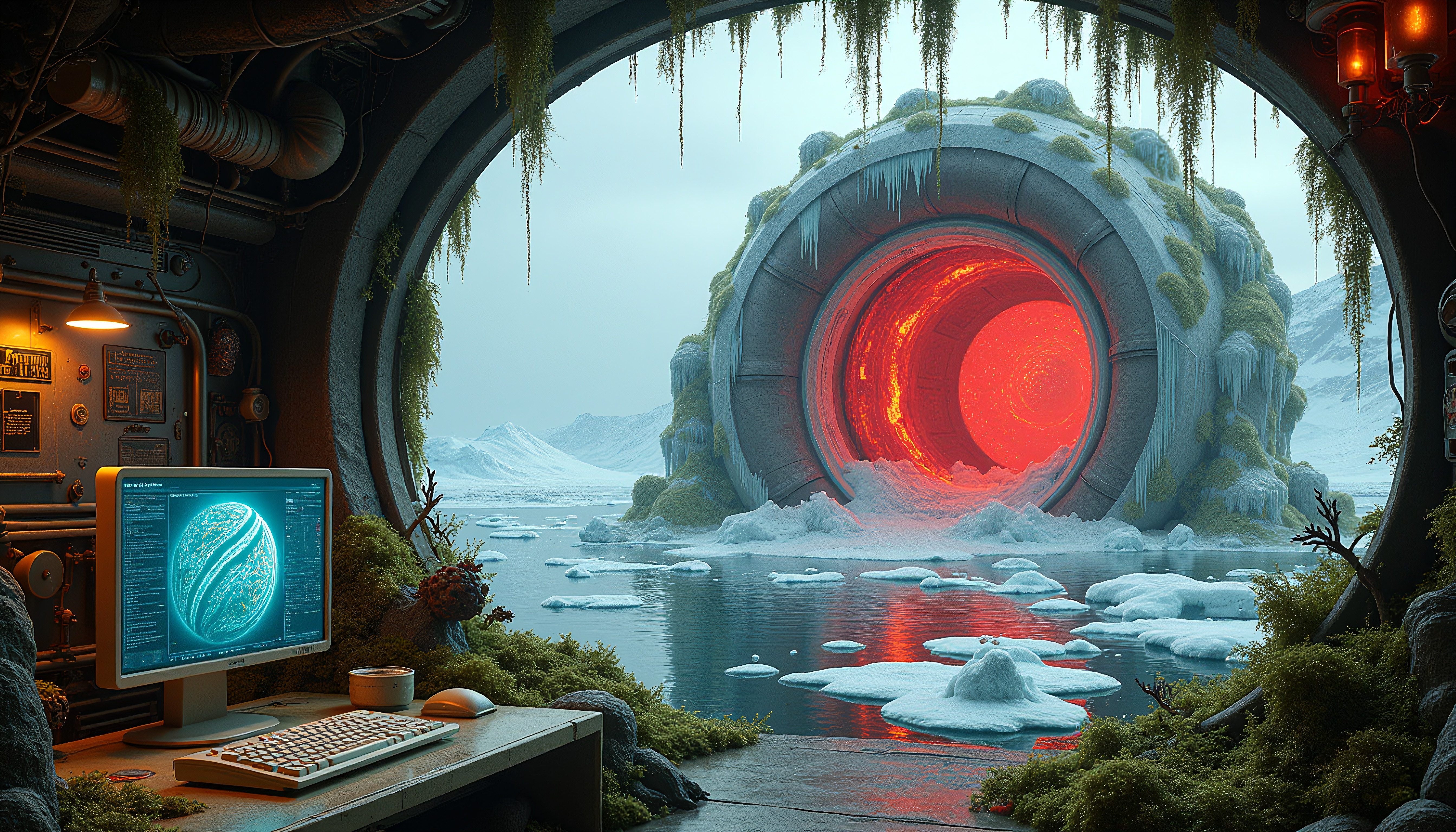 A futuristic portal in icy landscape with computer setup.