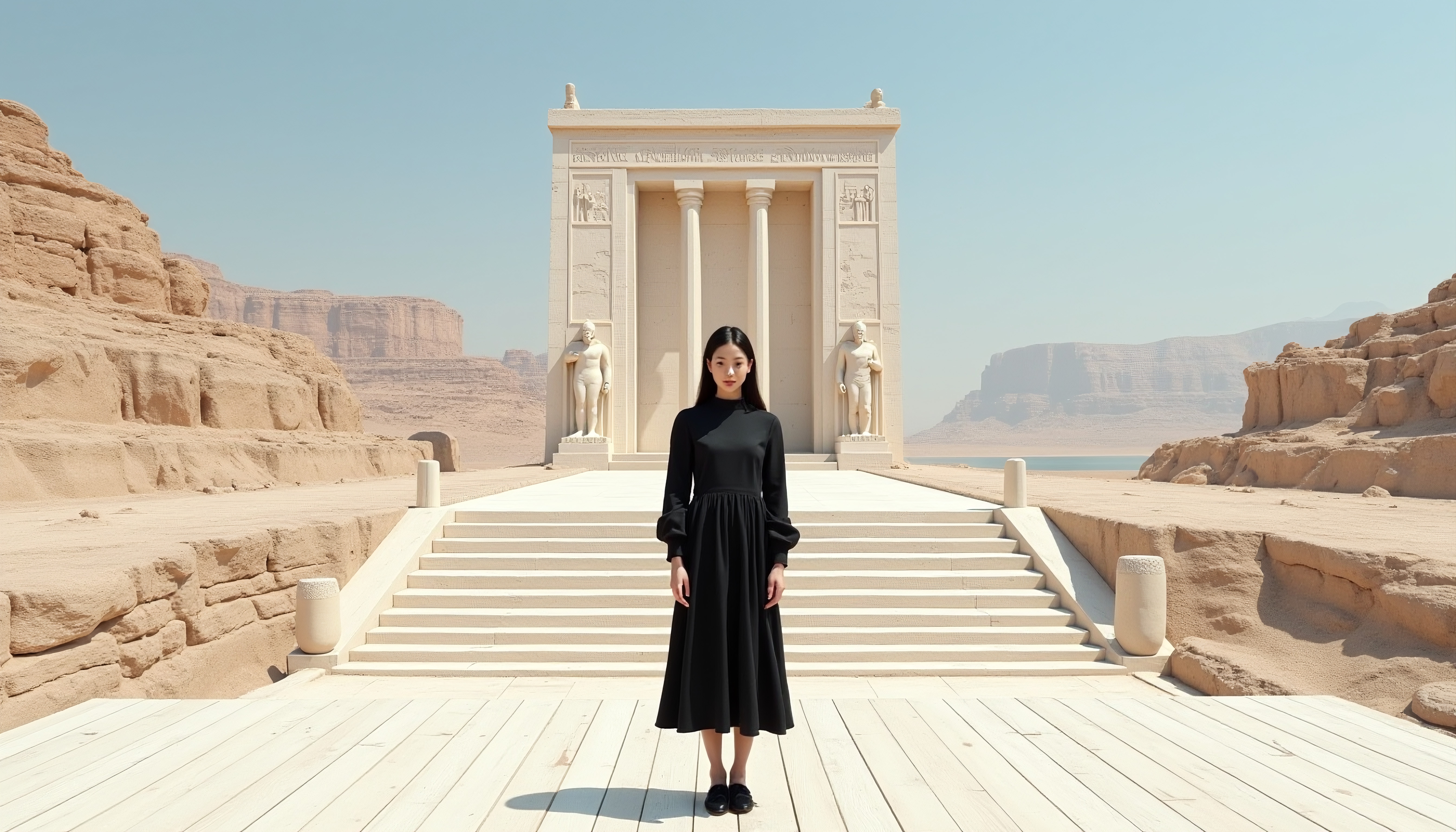 A woman in black dress stands on stairs leading to ancient sandstone temple in vast desert landscape.