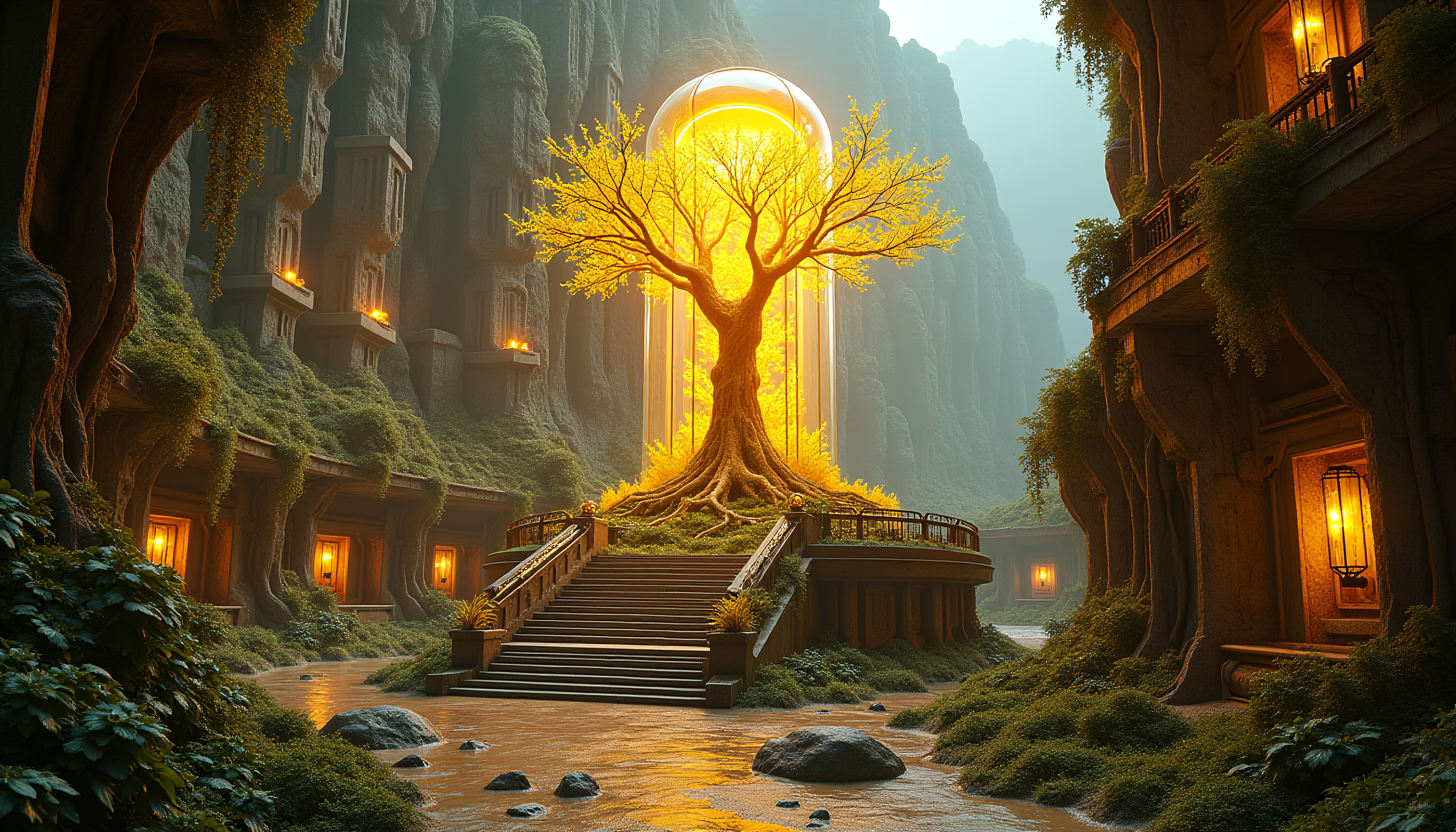 Mystical Architecture: Sunlit Grove within a Citadel of Lush Gre