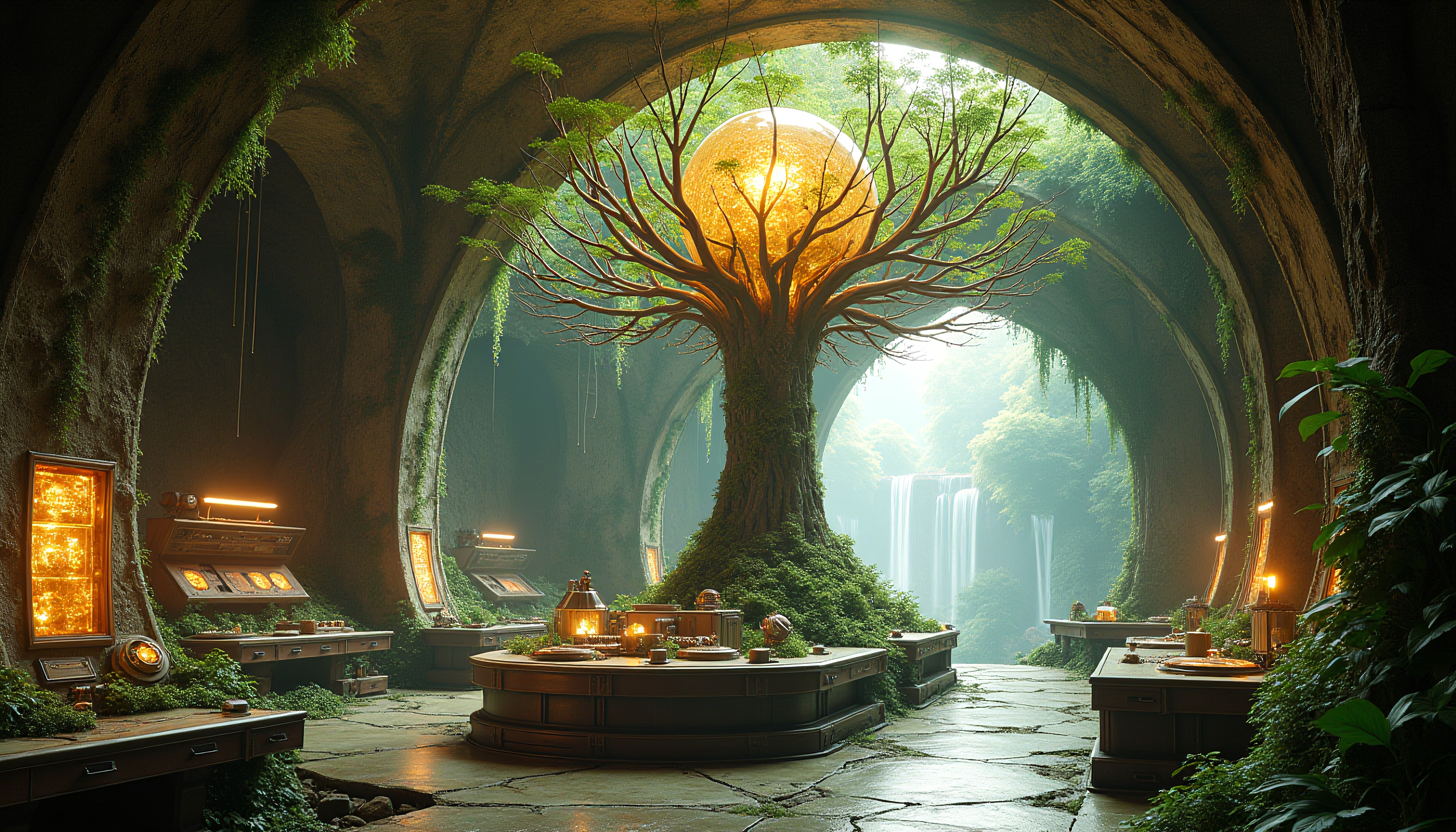 Mystical underground chamber with glowing tree and waterfalls.