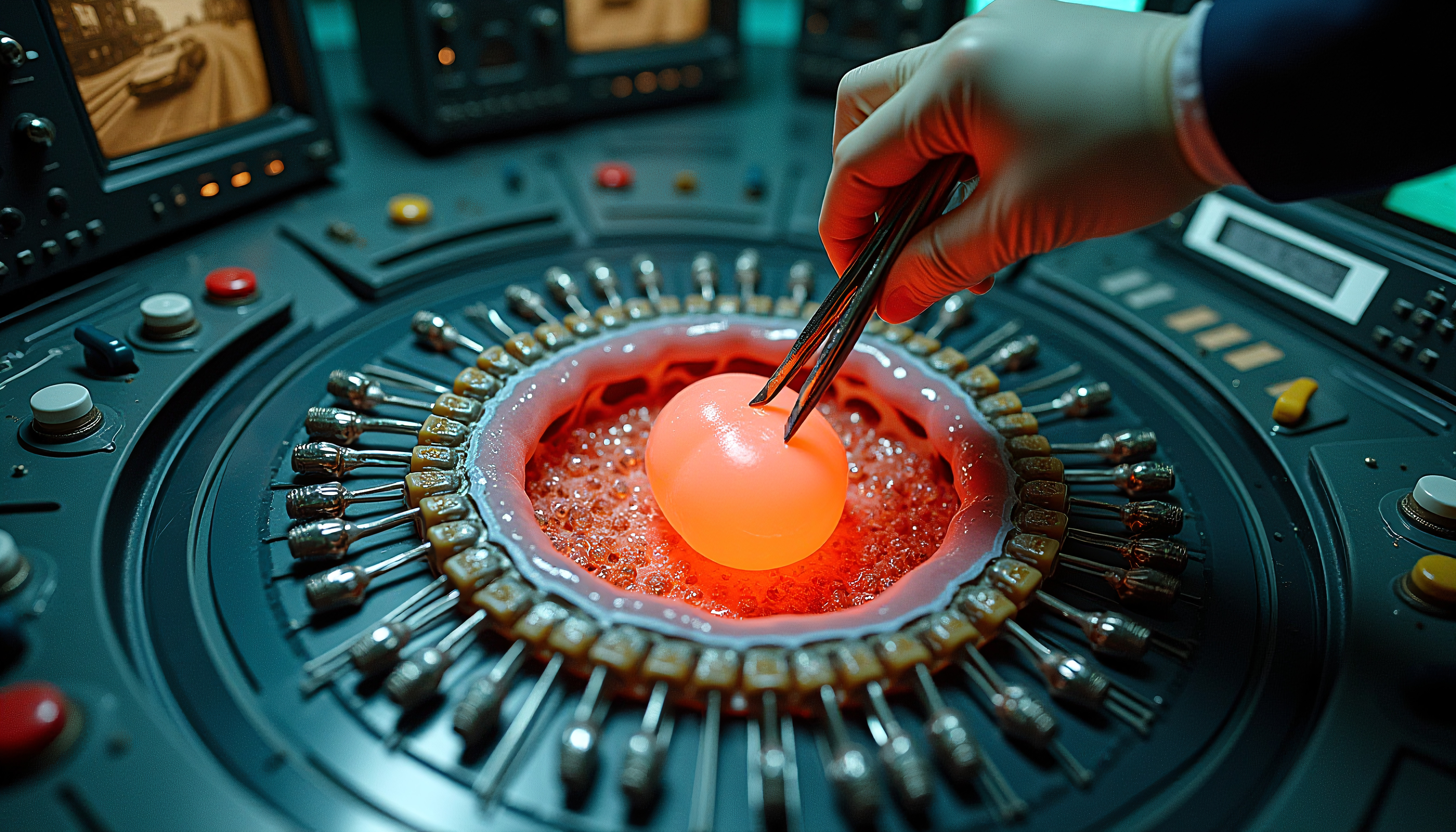 Scientist's Hands Examining an Egg-Shaped Sphere on an Advanced