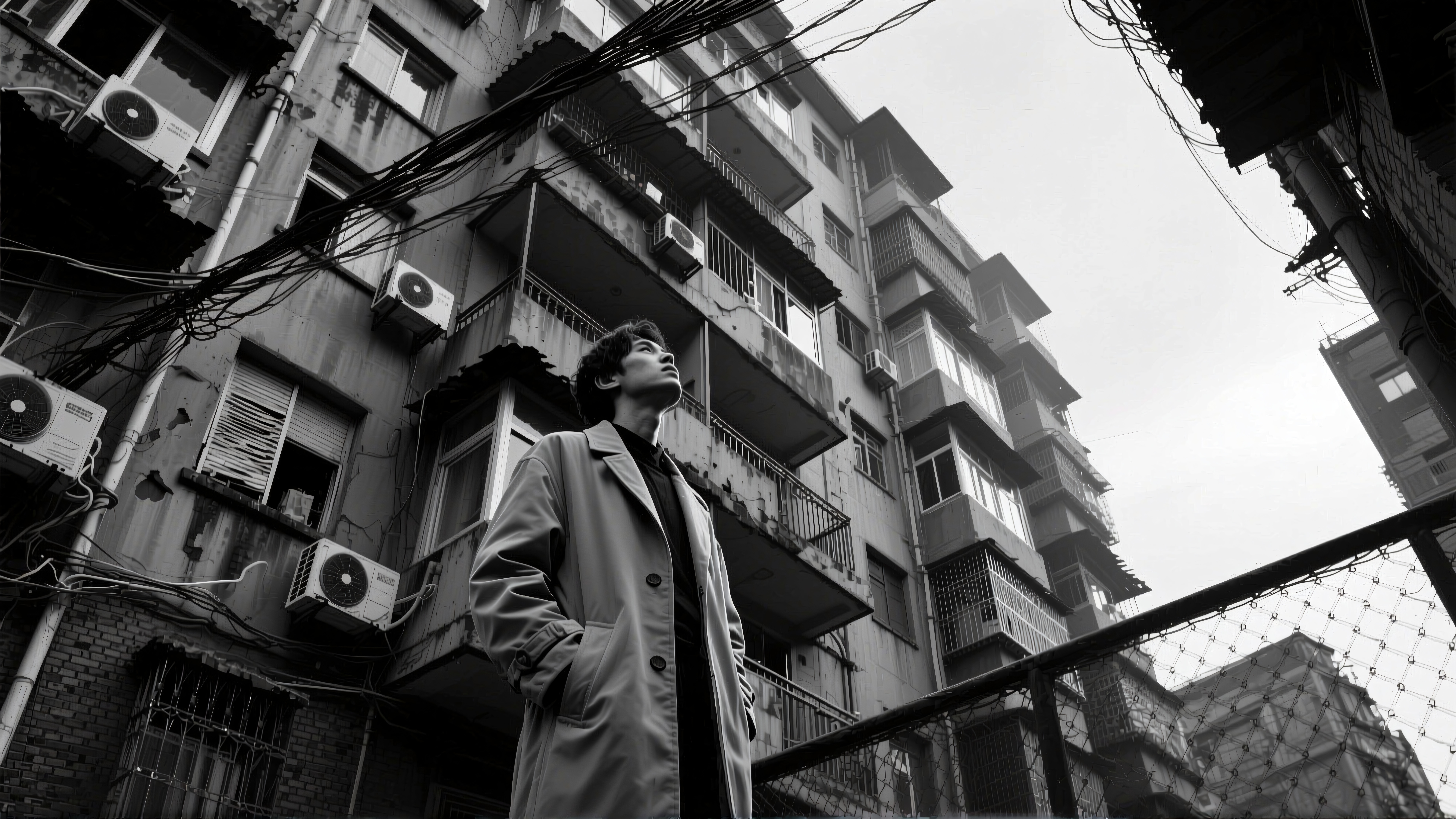 A young person gazes up in a gritty urban alley, surrounded by towering apartment buildings with air conditioning units and tangled cables, captured in black and white.