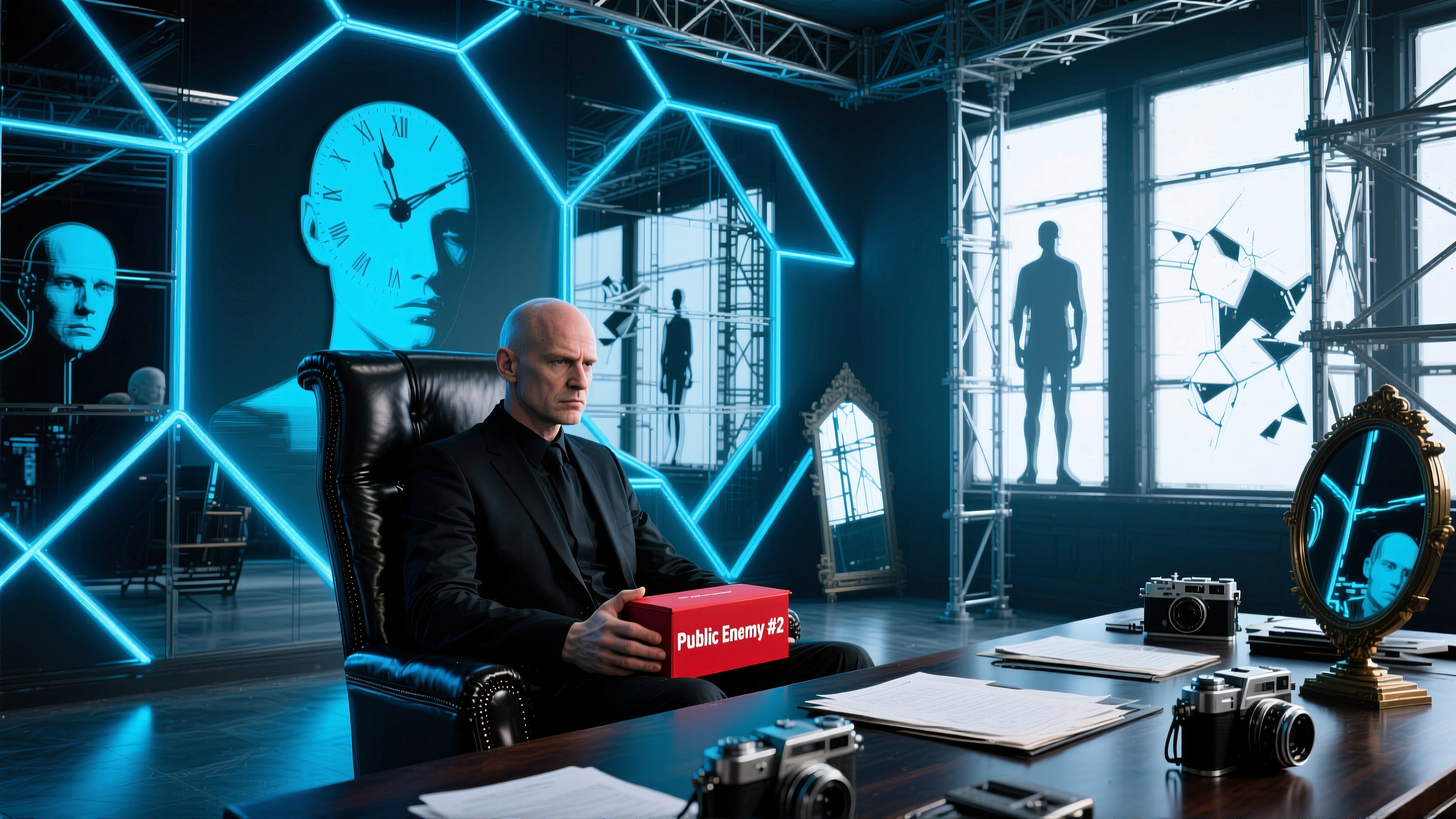 A man in a futuristic room holds a red box labeled "Public Enemy #2," surrounded by cameras and neon designs, evoking mystery and intrigue.