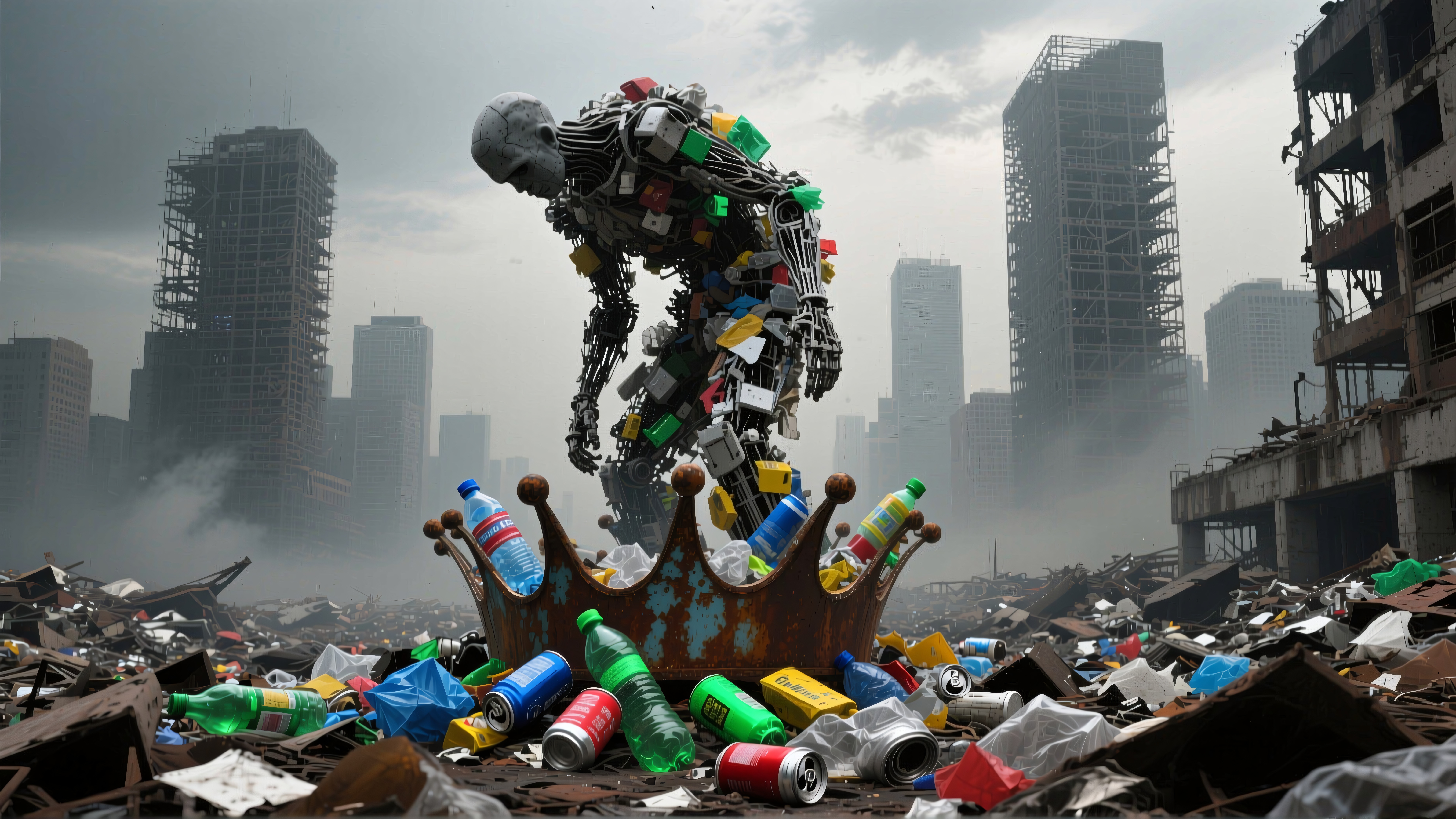 A robotic figure bends over a crown amidst urban debris, surrounded by looming city ruins and scattered trash, symbolizing environmental degradation.