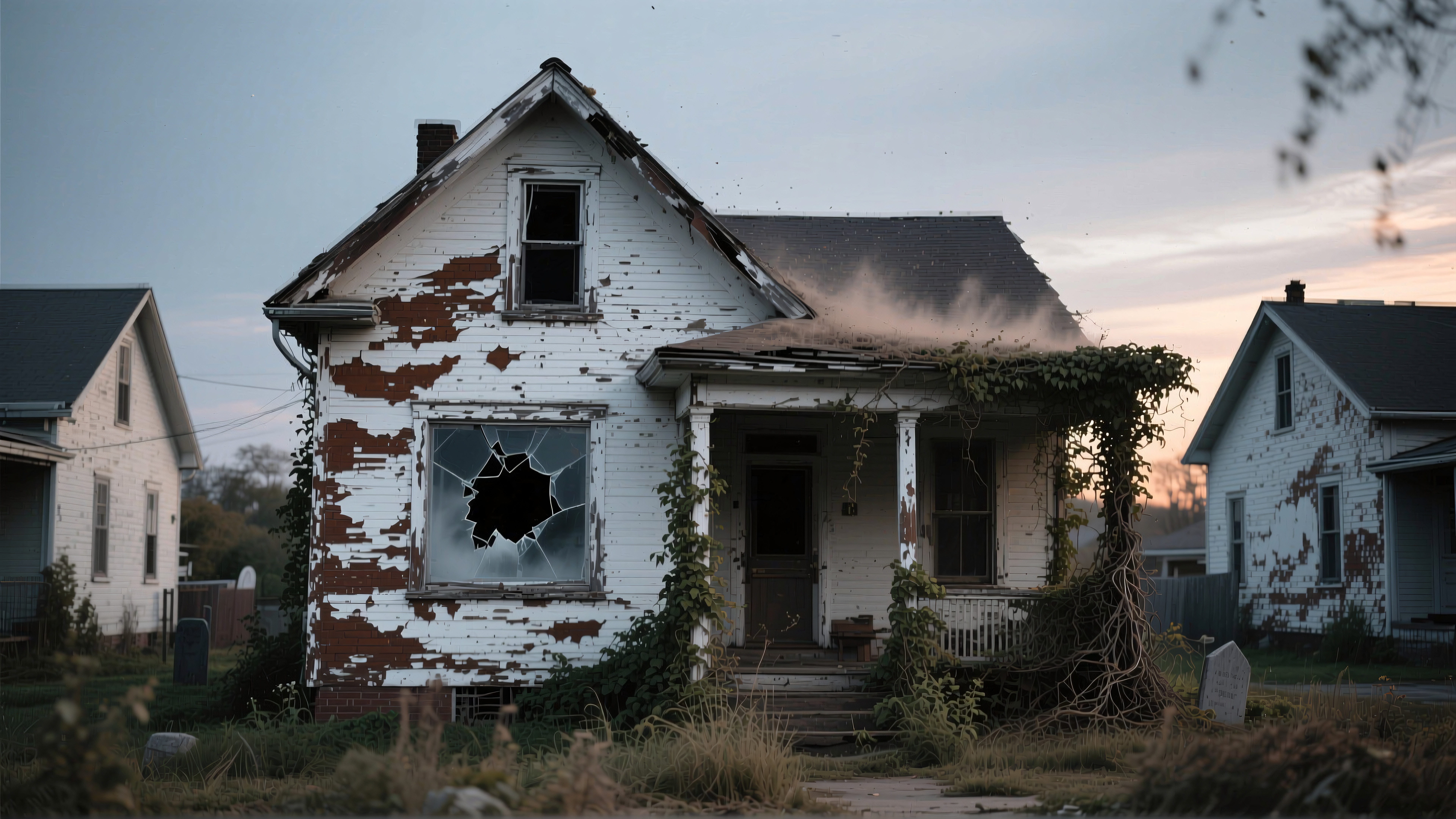 The image shows an abandoned, weathered house with peeling paint and a broken window, covered in vines and surrounded by overgrown grass.