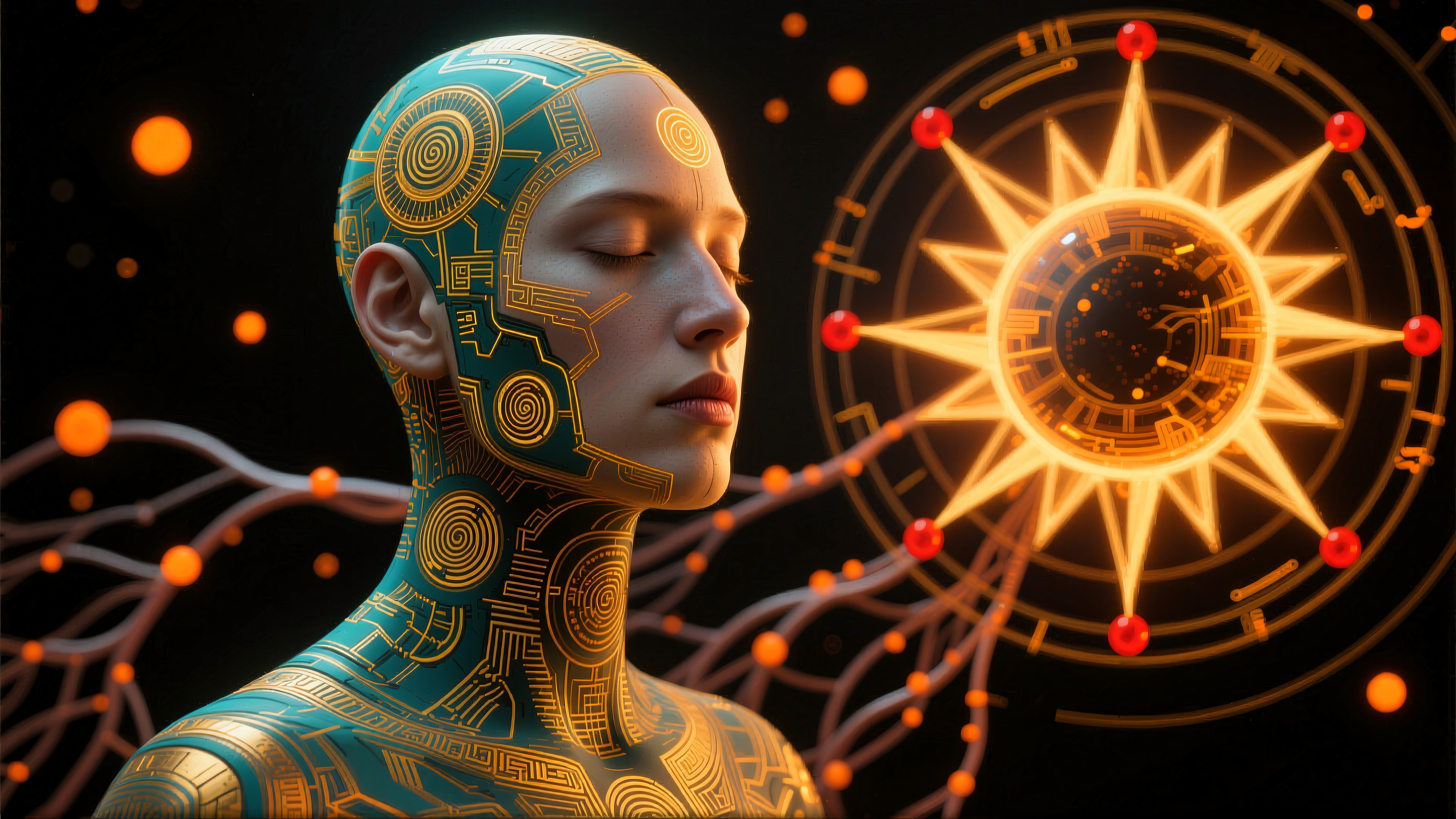 Futuristic woman with glowing circuit patterns and cosmic backdrop.