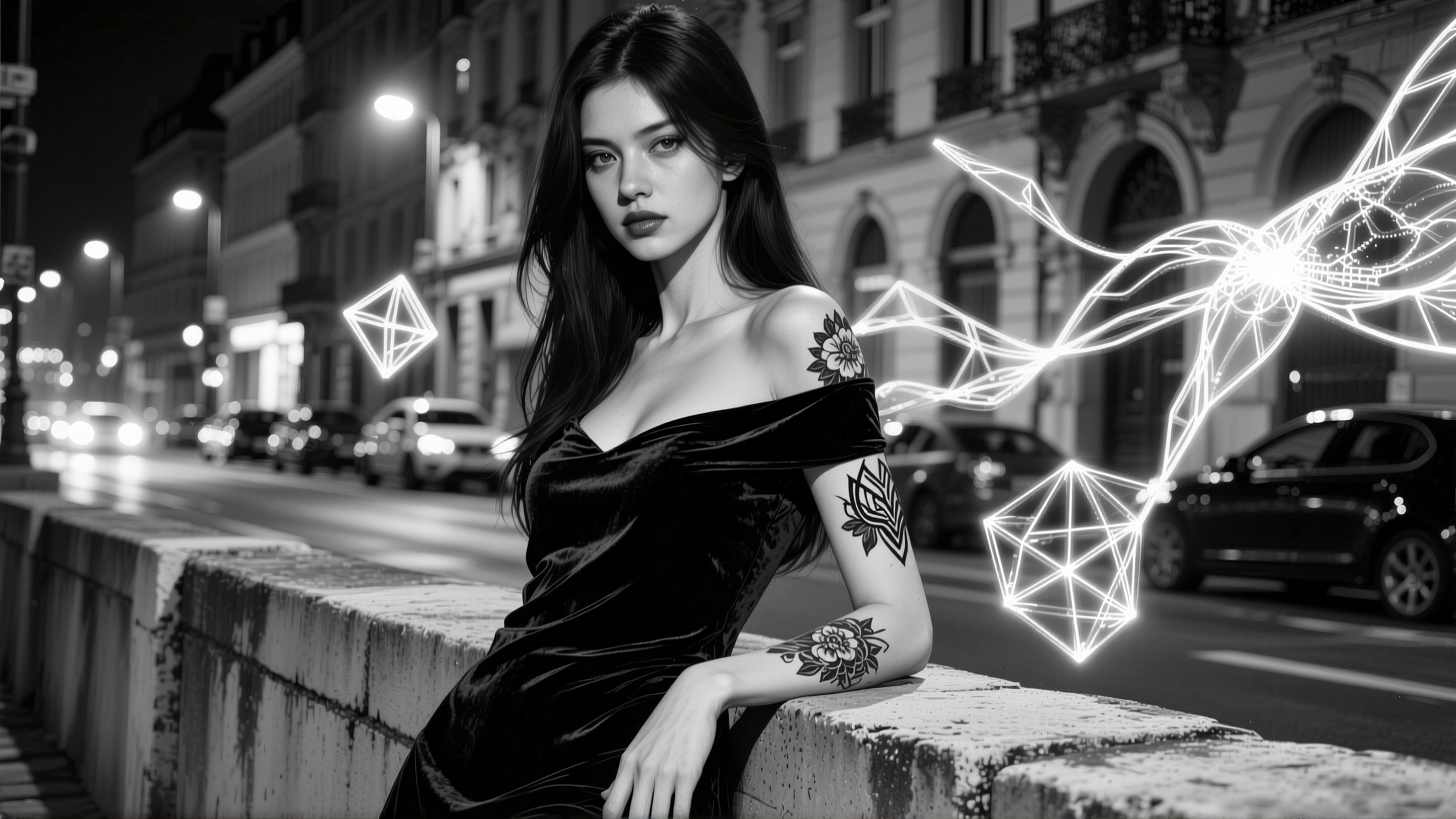 Nighttime Urban Portrait with Neon Geometric Elements and Black