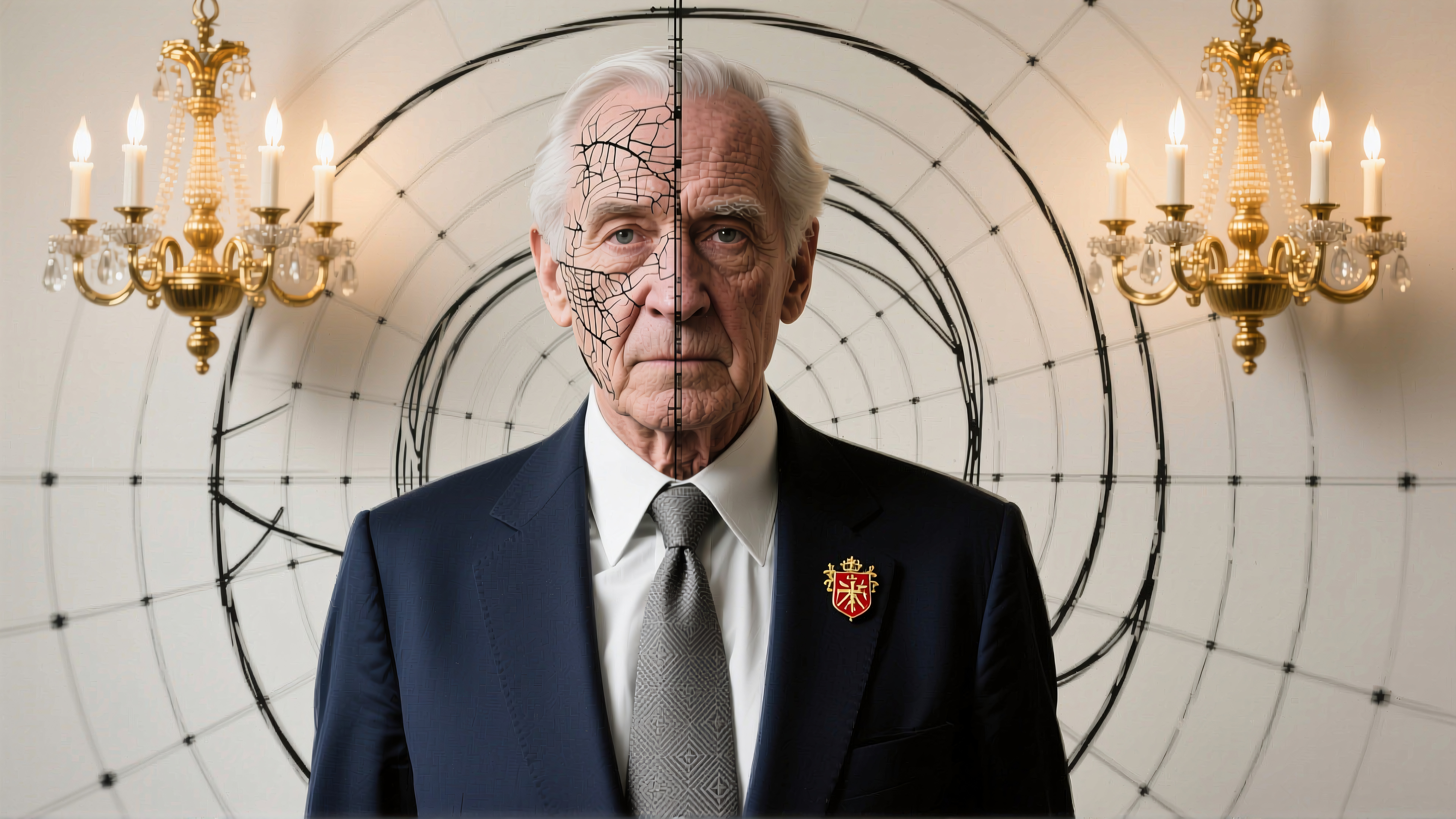 Elderly man in suit with artistic cracked face, concentric circles and chandeliers.
