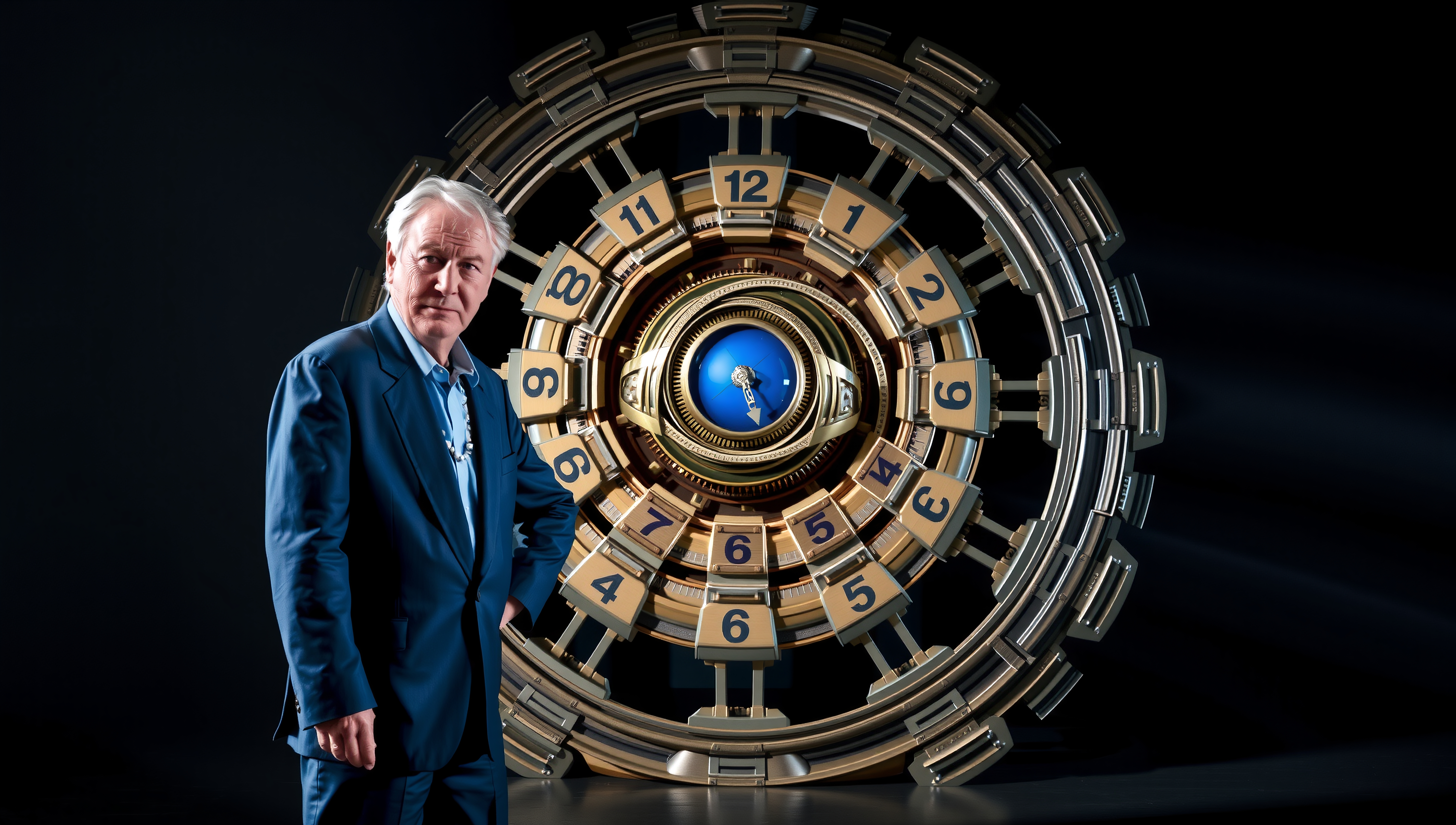 A man stands with a futuristic clock, symbolizing innovation.