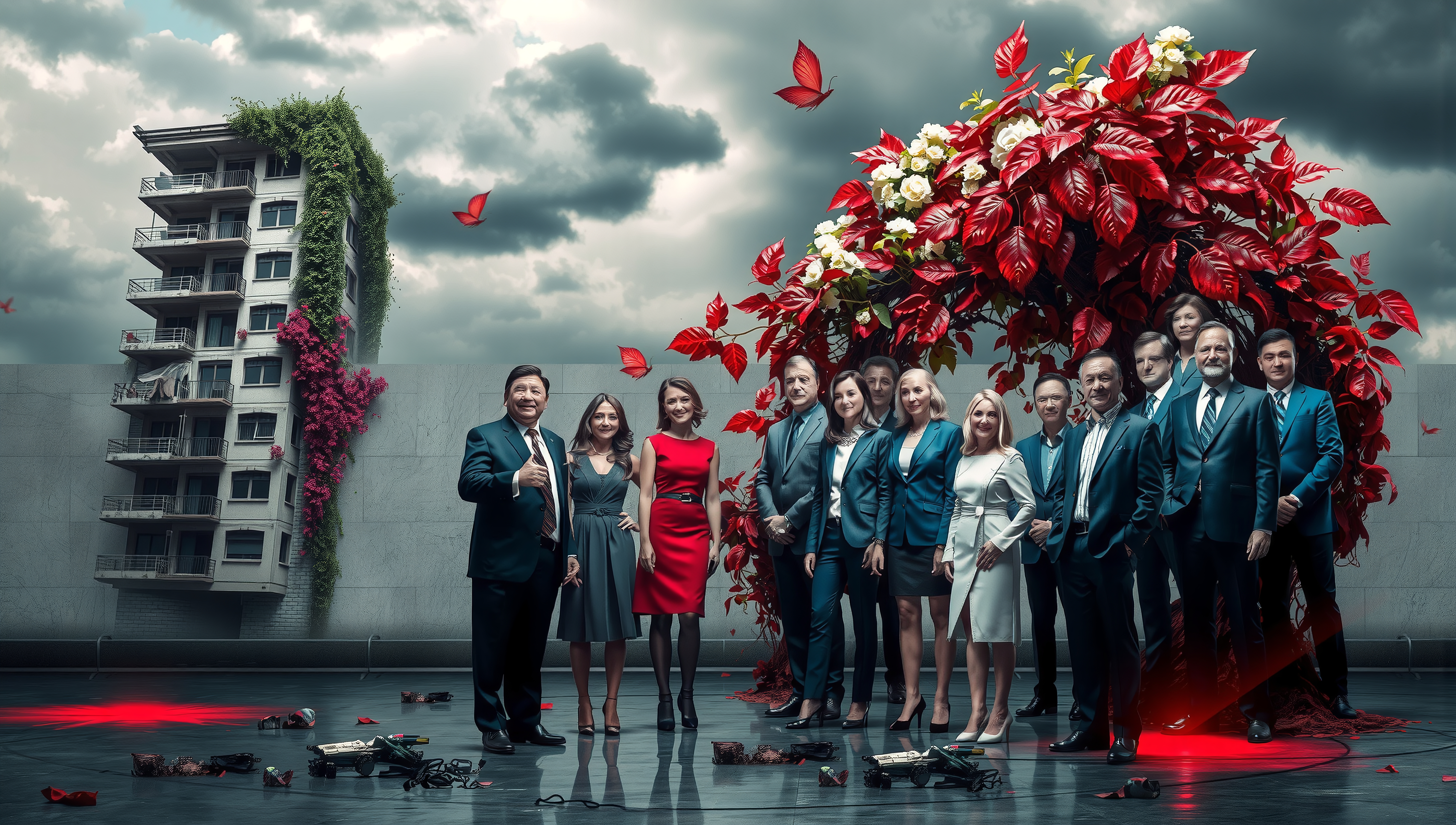 A diverse group beneath a vibrant red floral arch against a stormy sky, suggesting unity in an urban setting.