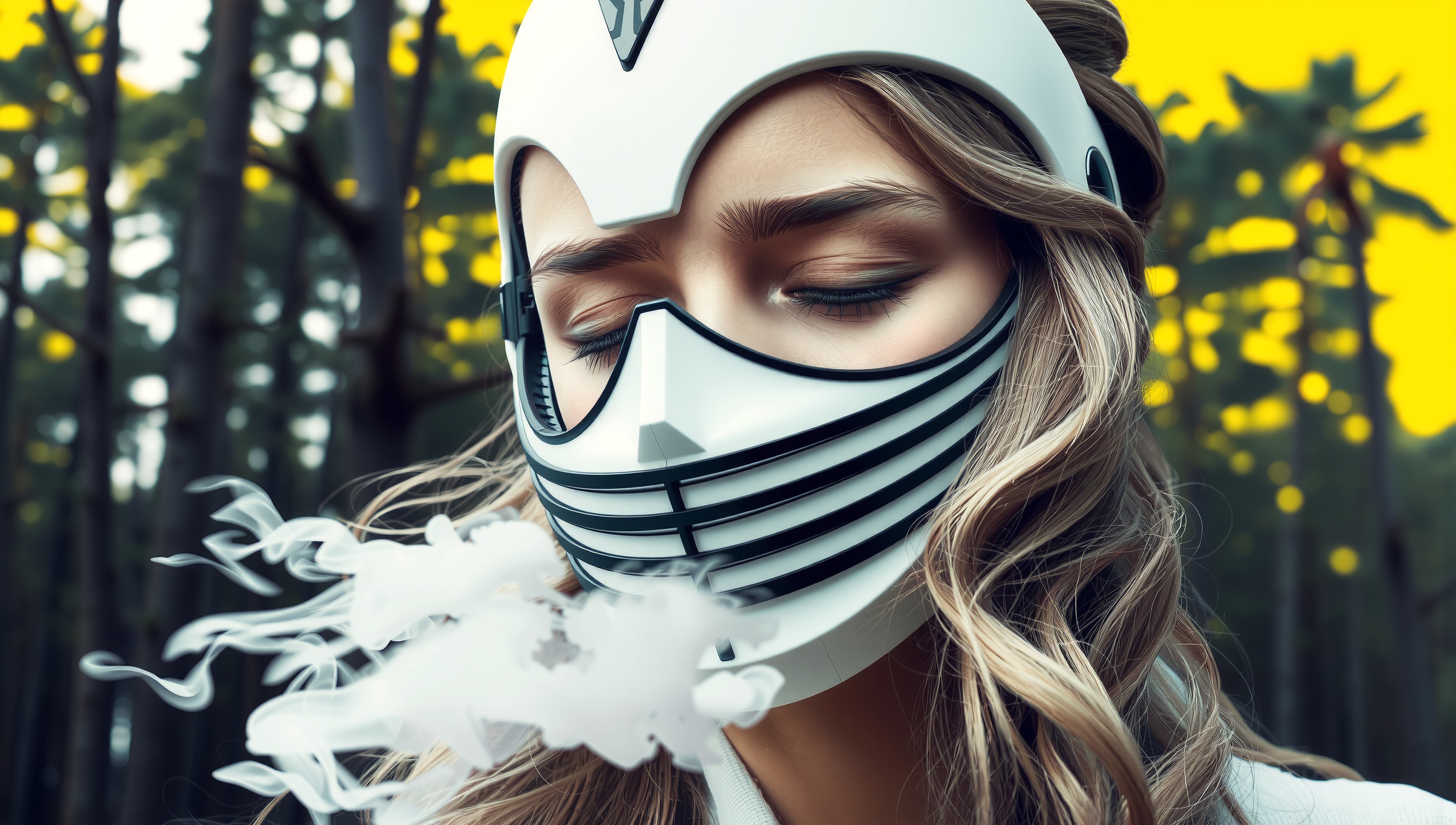 A woman with blonde hair wearing a futuristic white mask in a vibrant forest.