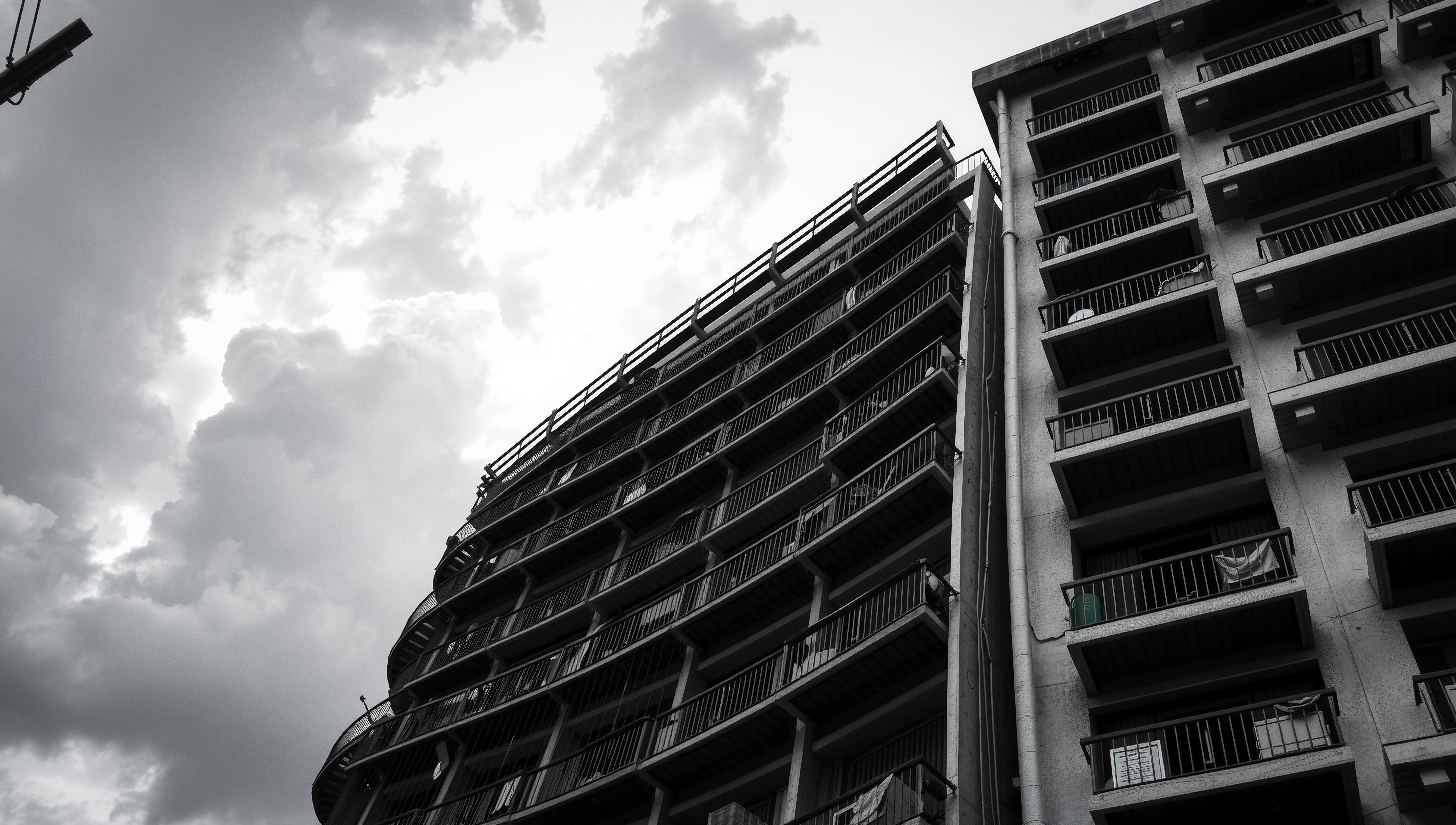 Black and white photo of a residential building with balconies against a dramatic cloudy sky.