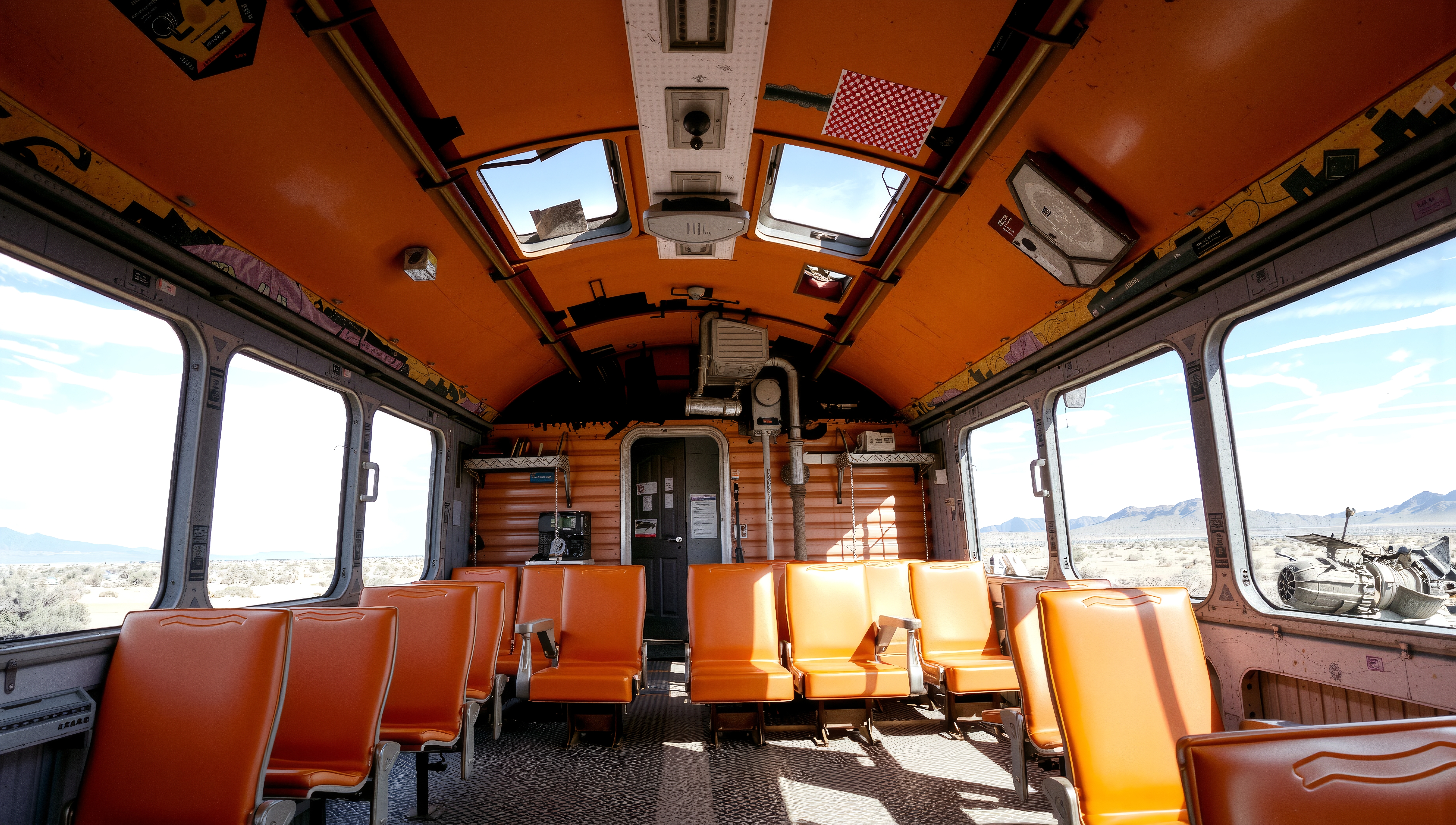 Interior of an abandoned train with bright orange seats and a desert view through large windows.