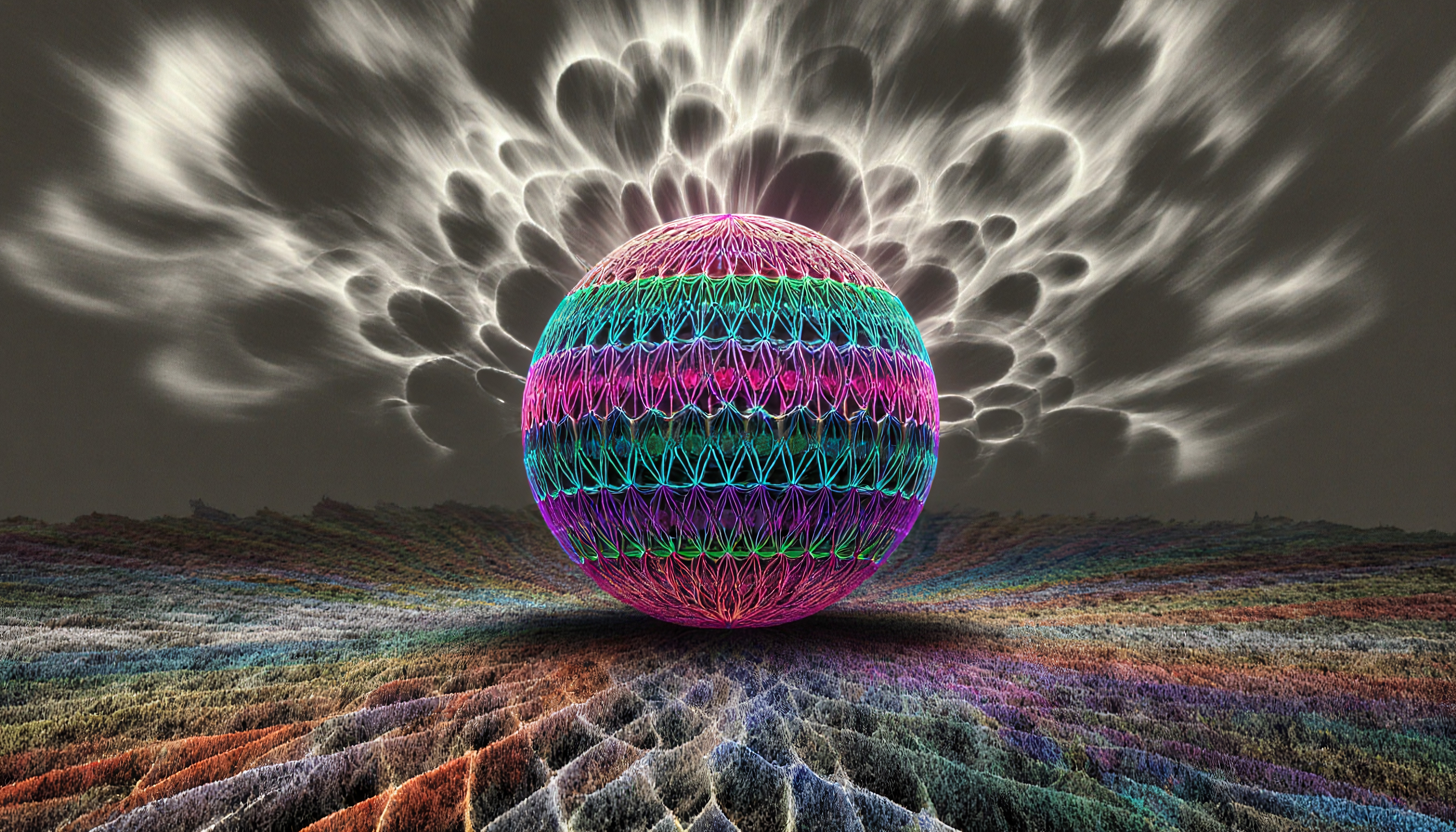 A surreal neon sphere on textured landscape with swirling clouds.