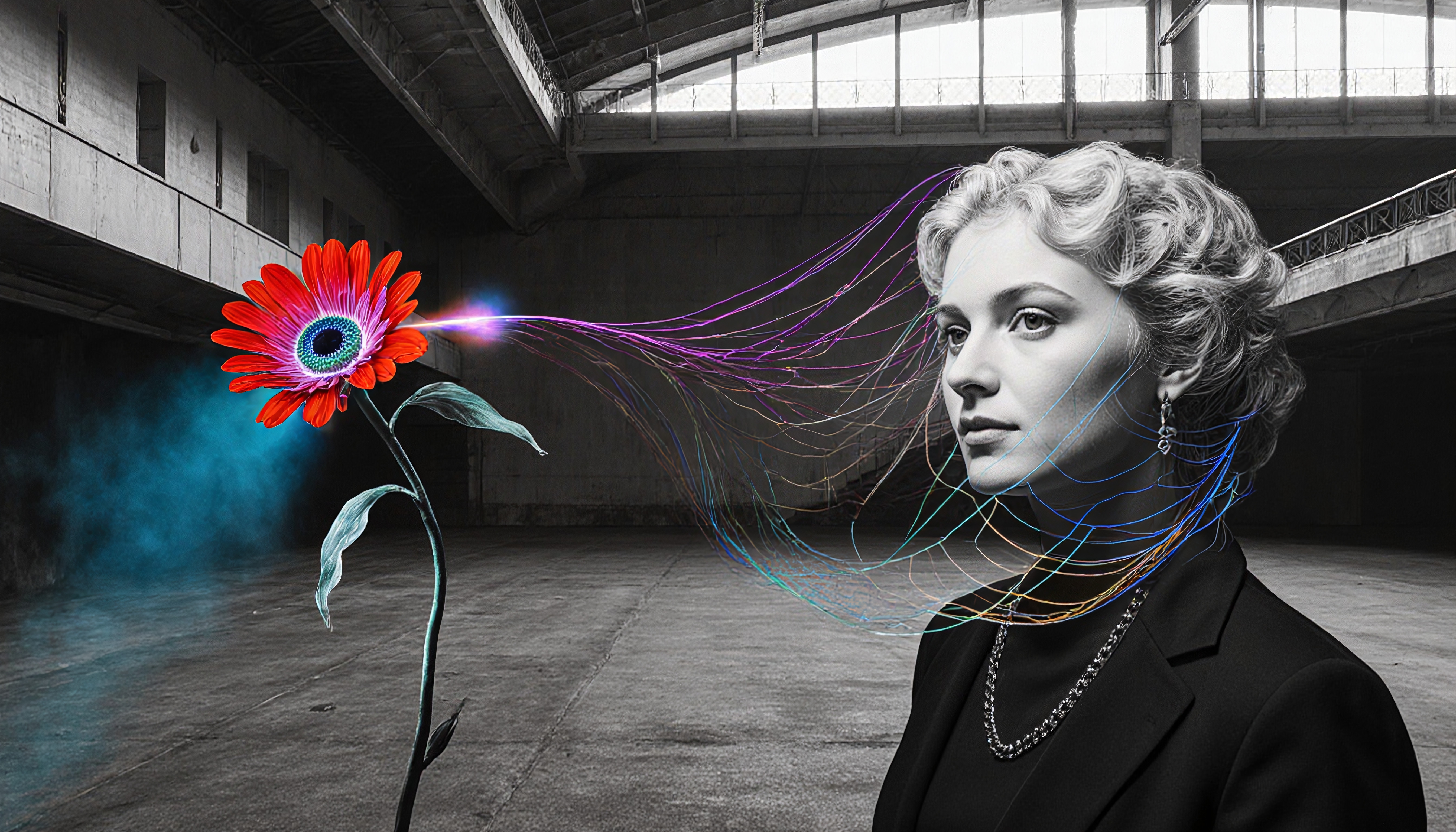A woman in monochrome interacts with a vibrant, eye-like flower through ethereal lines in an industrial setting.