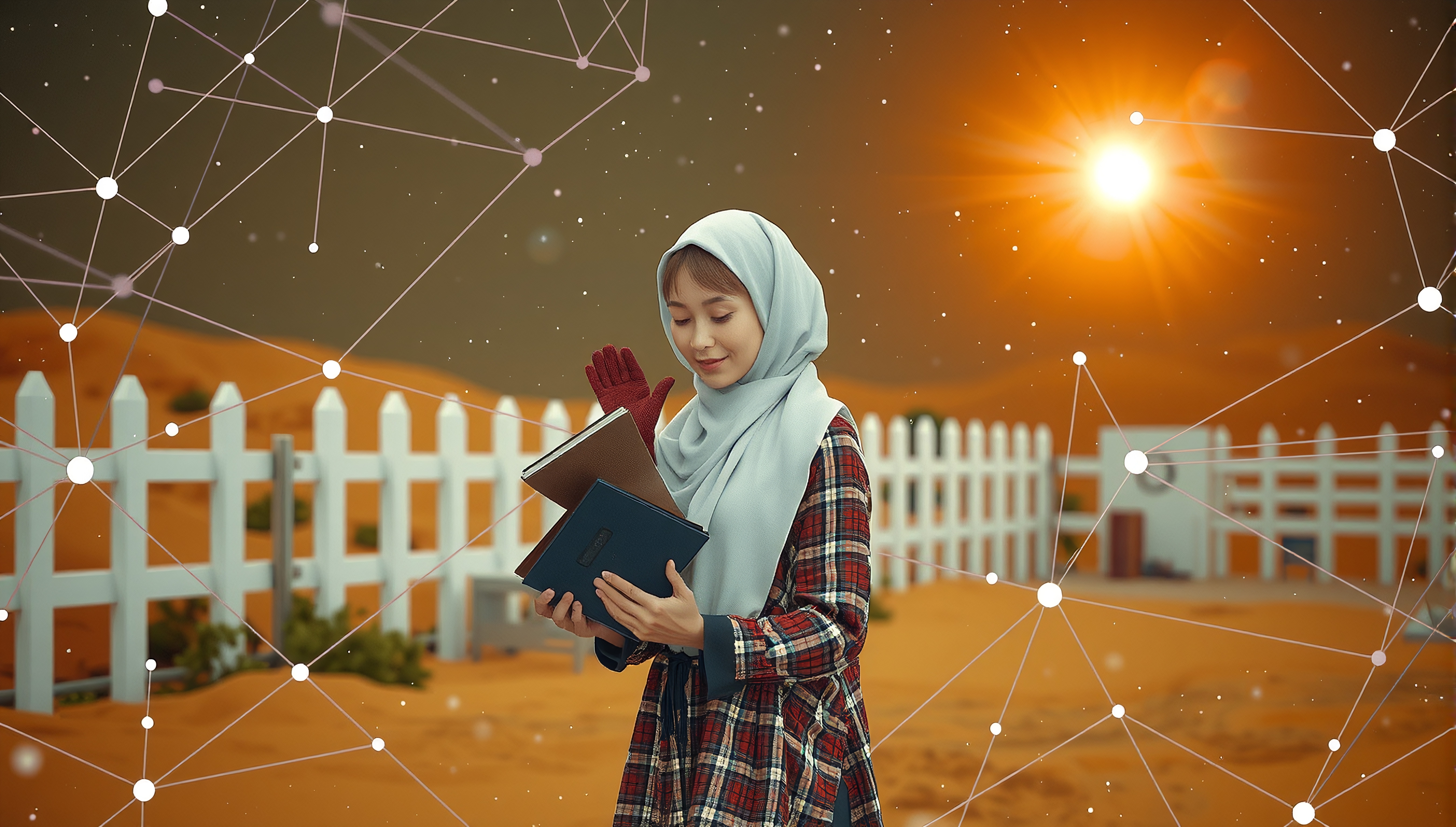 A woman in a desert reads a book with a tech-inspired overlay.