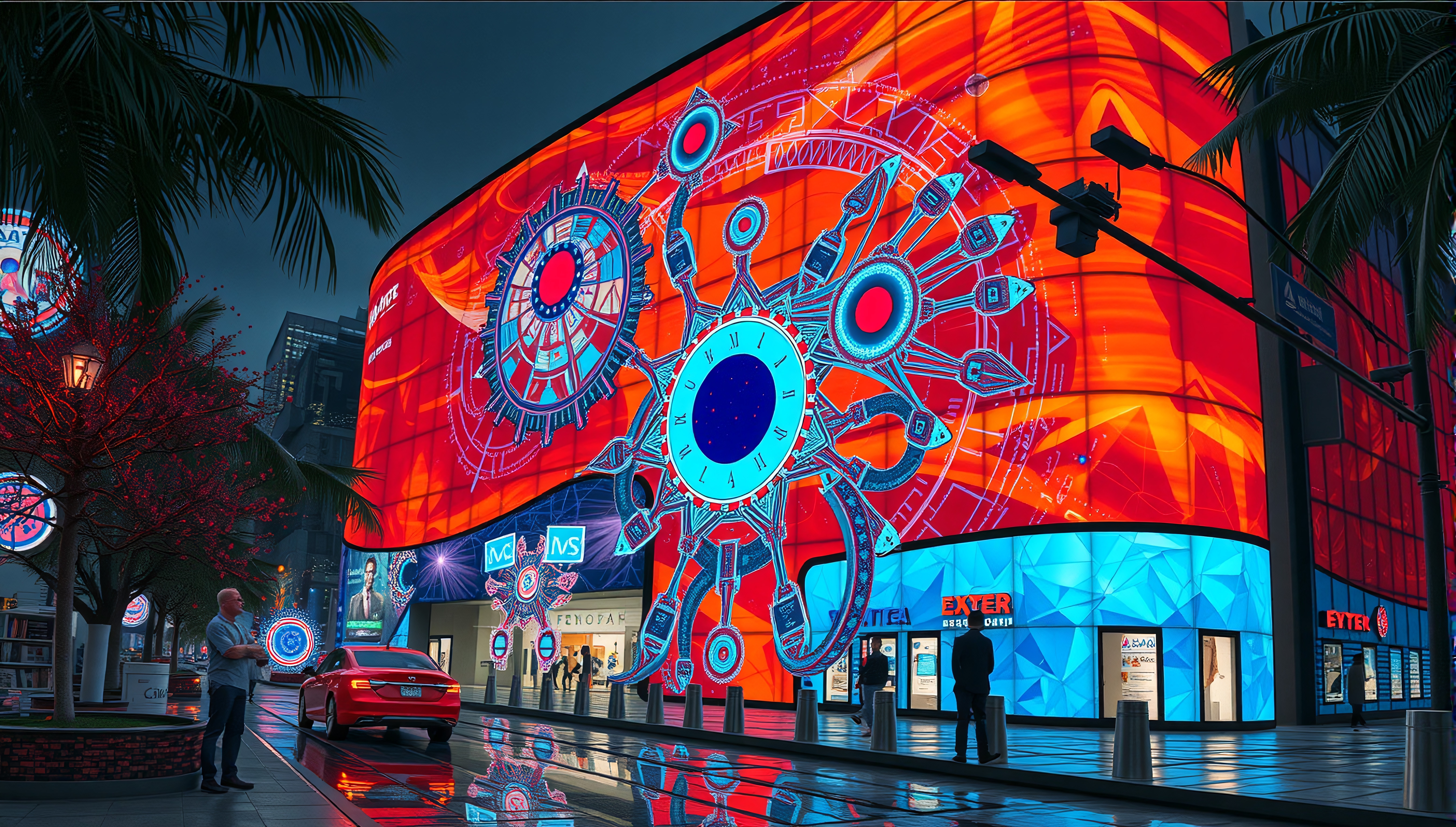 A vibrant cityscape illuminated by digital artwork.
